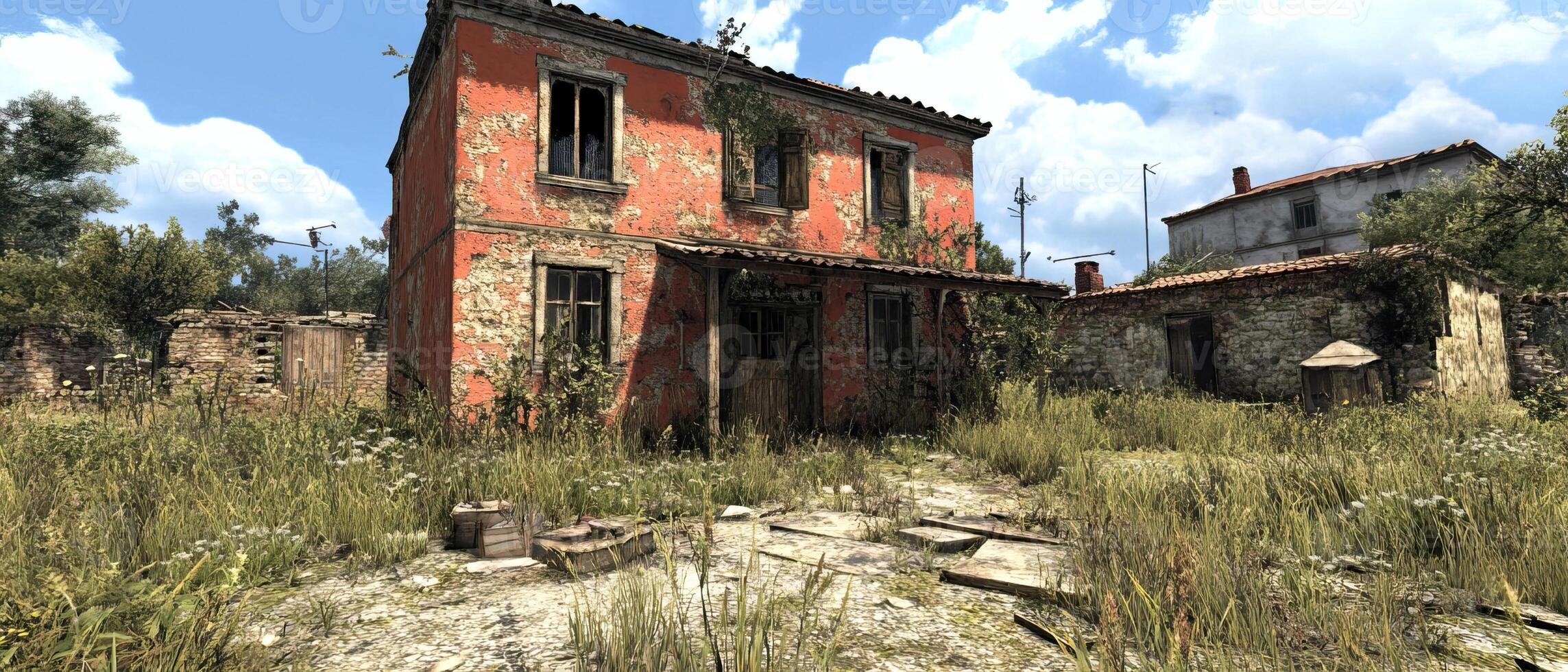 Derelict house, overgrown yard, village background photo