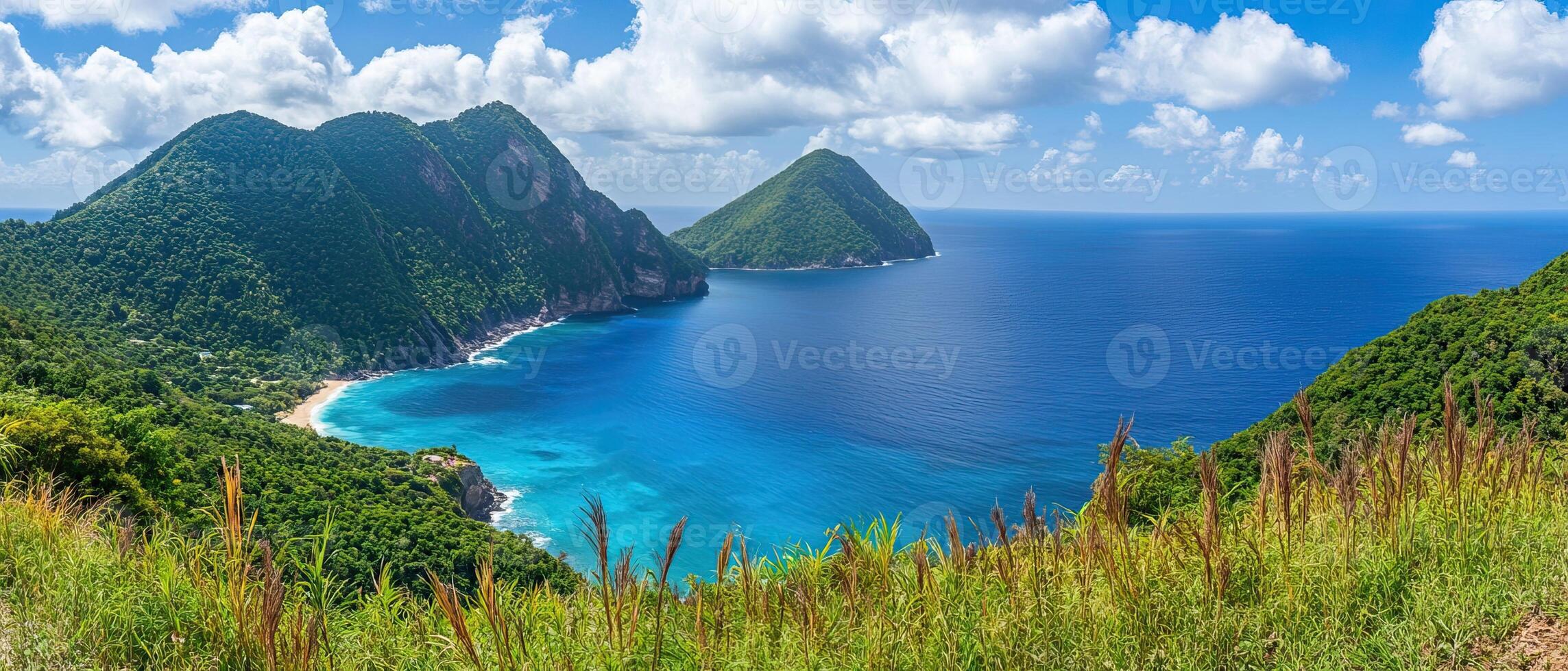 Island panorama coastal view, turquoise ocean, lush hills photo