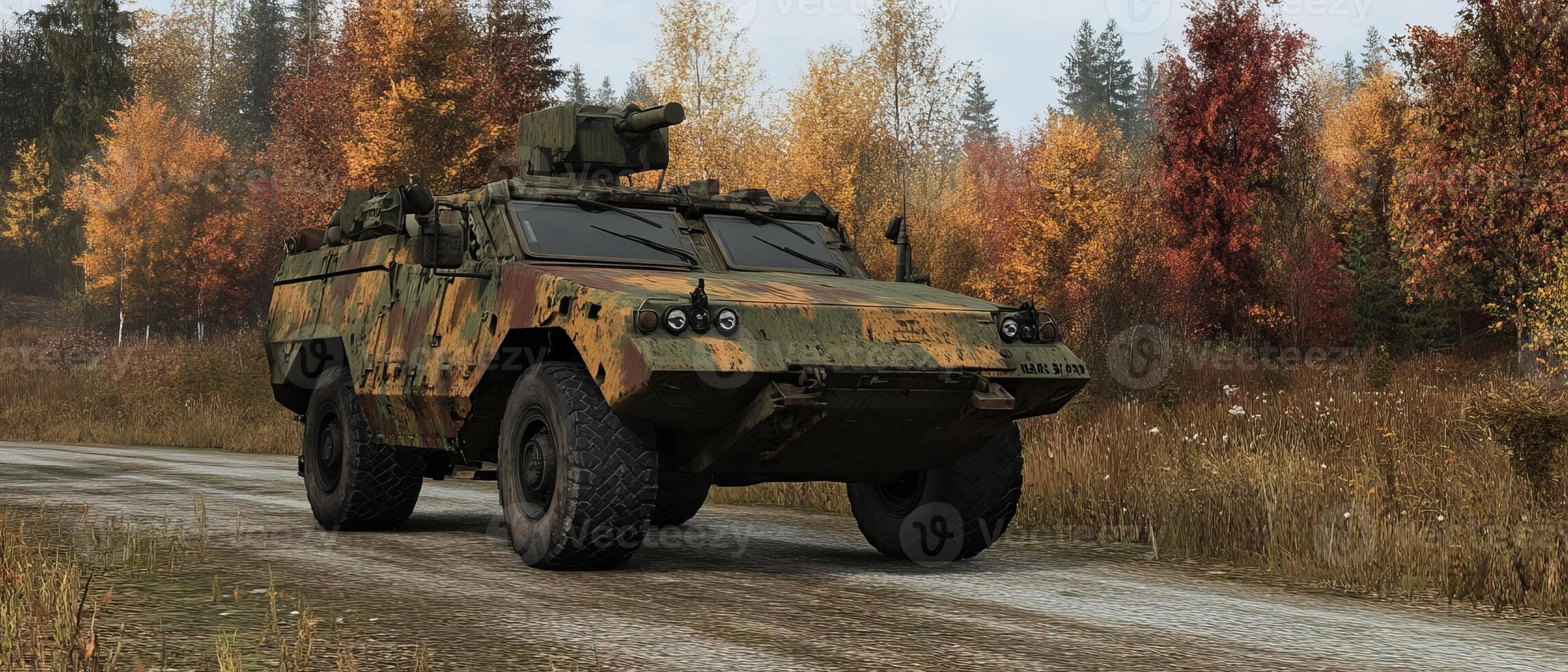 Armored vehicle autumn road forest photo