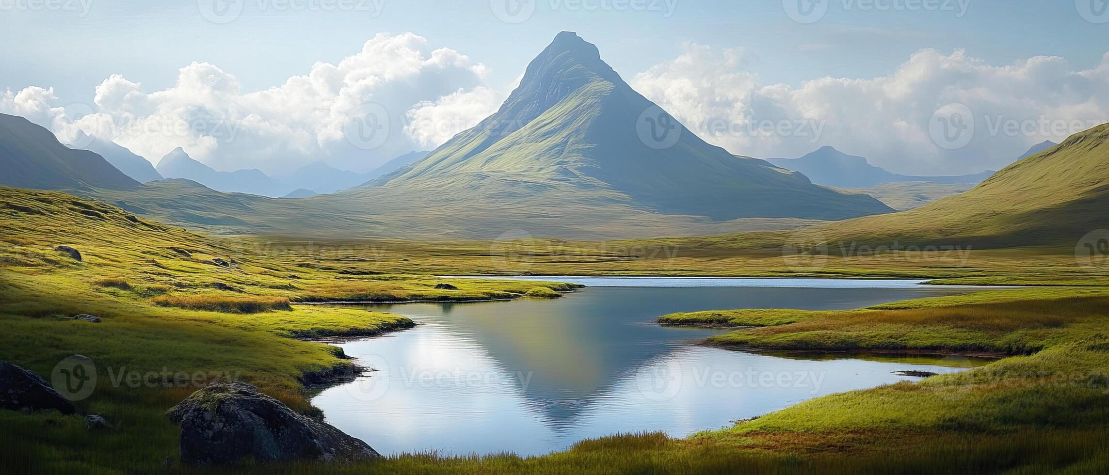 Mountain lake reflection, scenic highlands photo