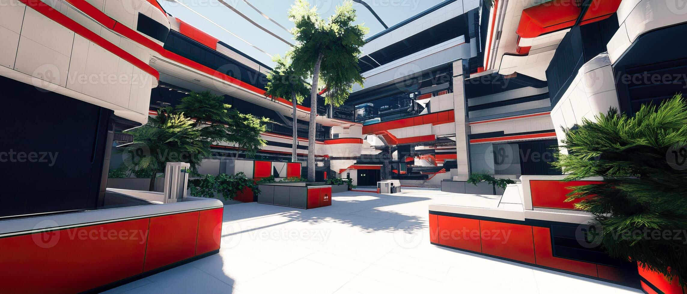 Modern atrium, plants, red accents, sunny photo