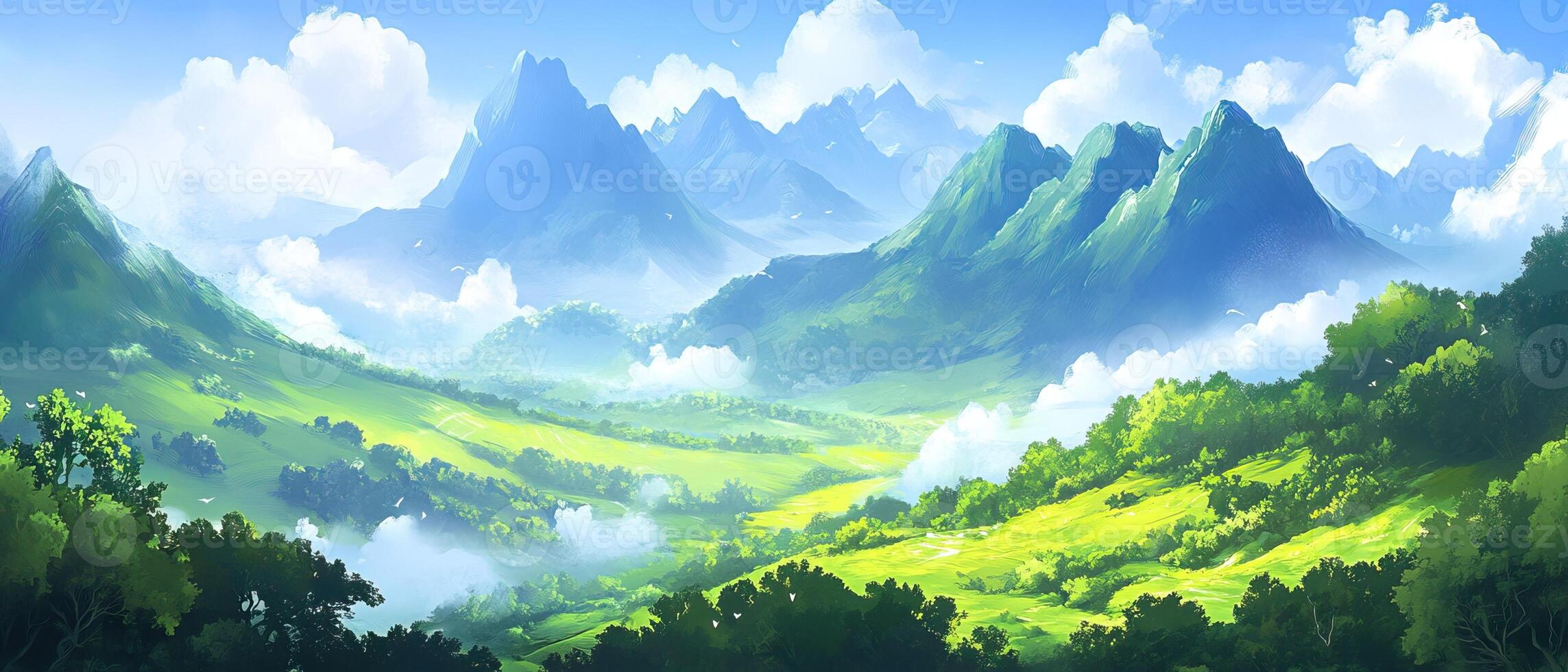 Misty Mountain Valley Landscape, Game Background photo