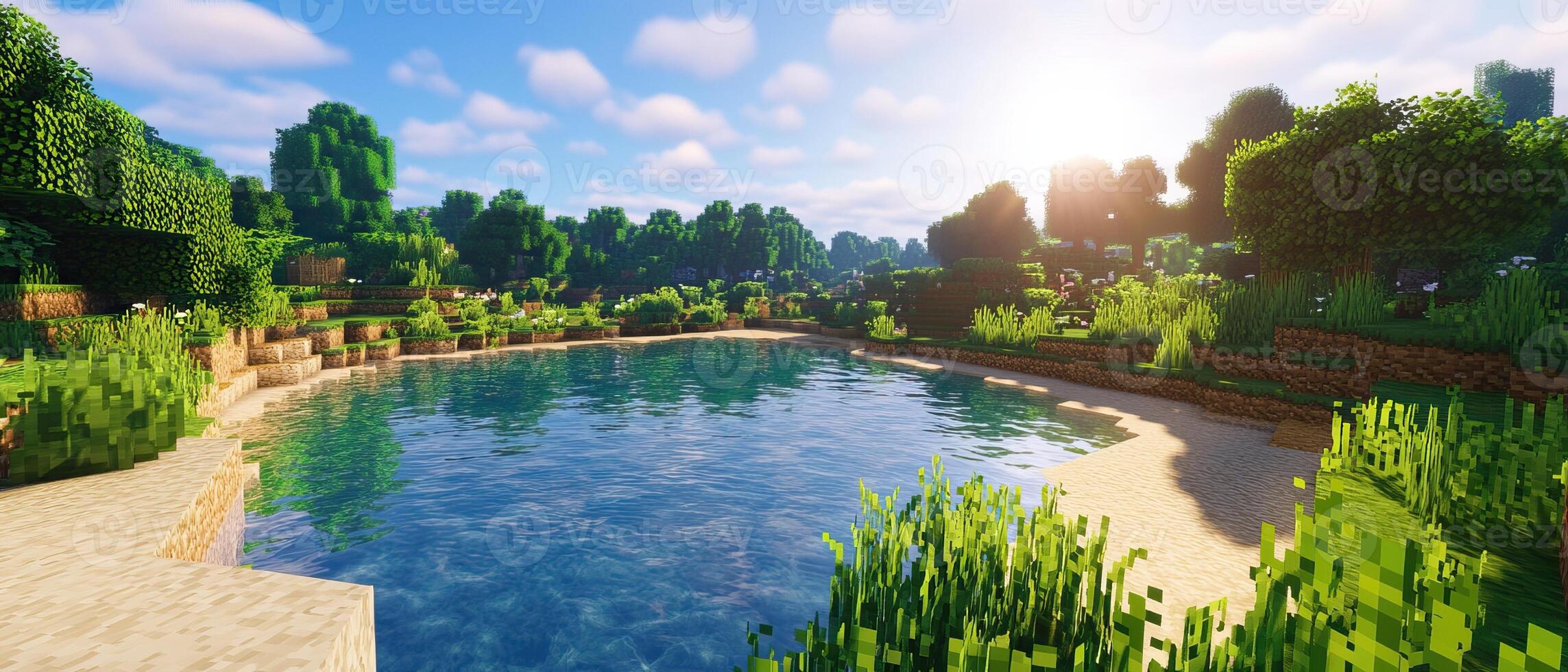 Sunny lake, lush forest, game scene, peaceful background photo