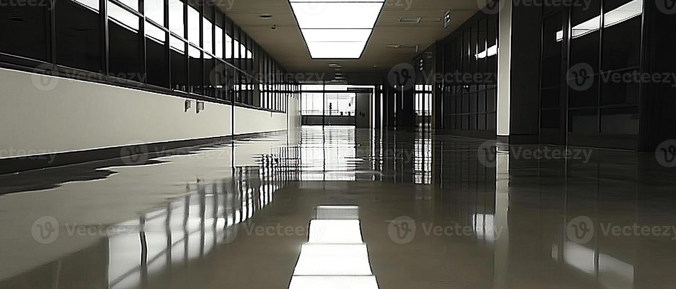 Reflective hallway, building interior, daytime photo