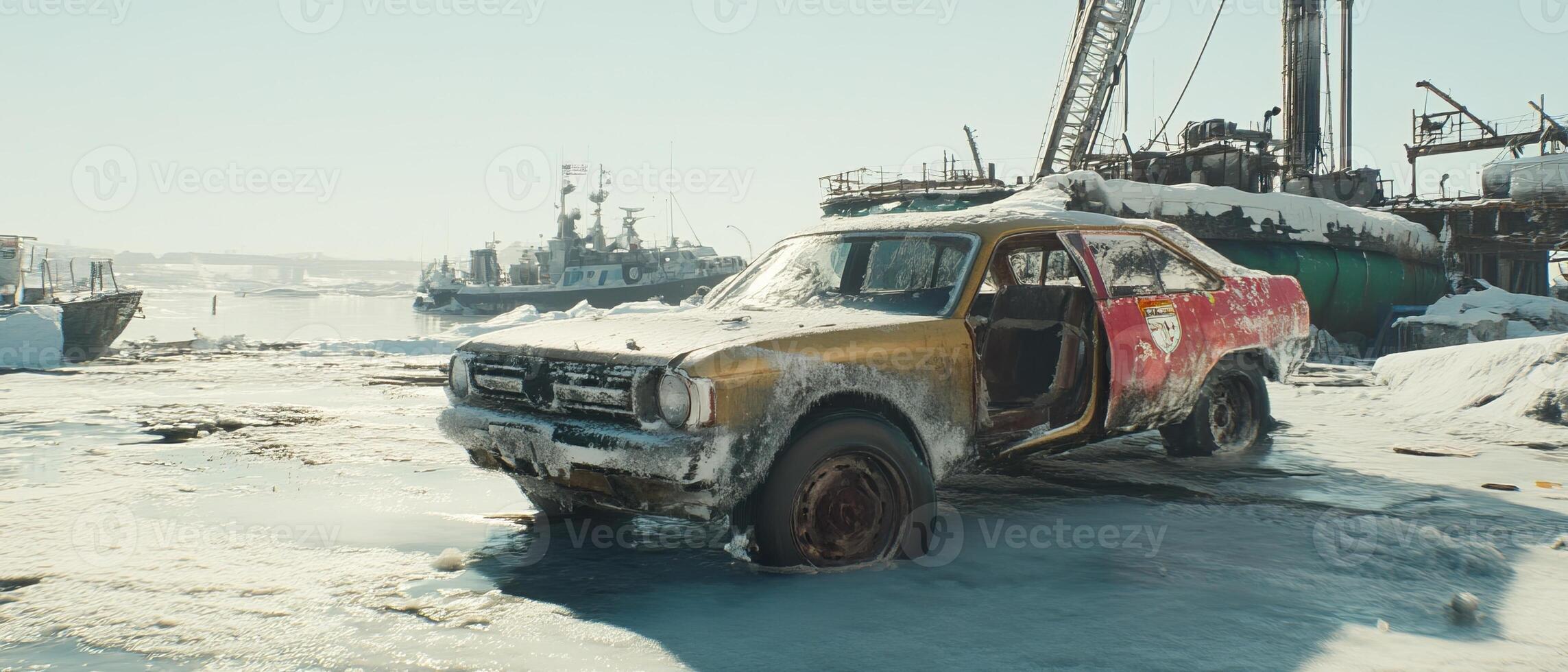 Rusty car, icy harbor, snowy port, boats, industrial background photo
