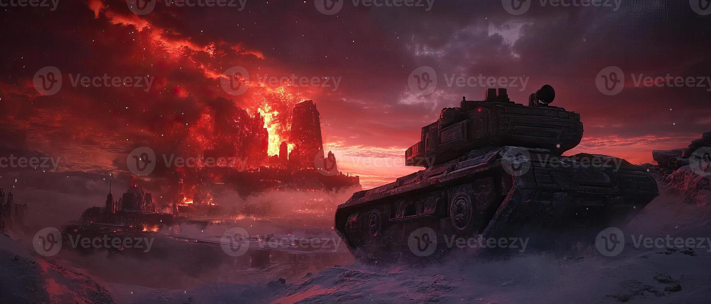Tank sunset, burning city, snow, war photo