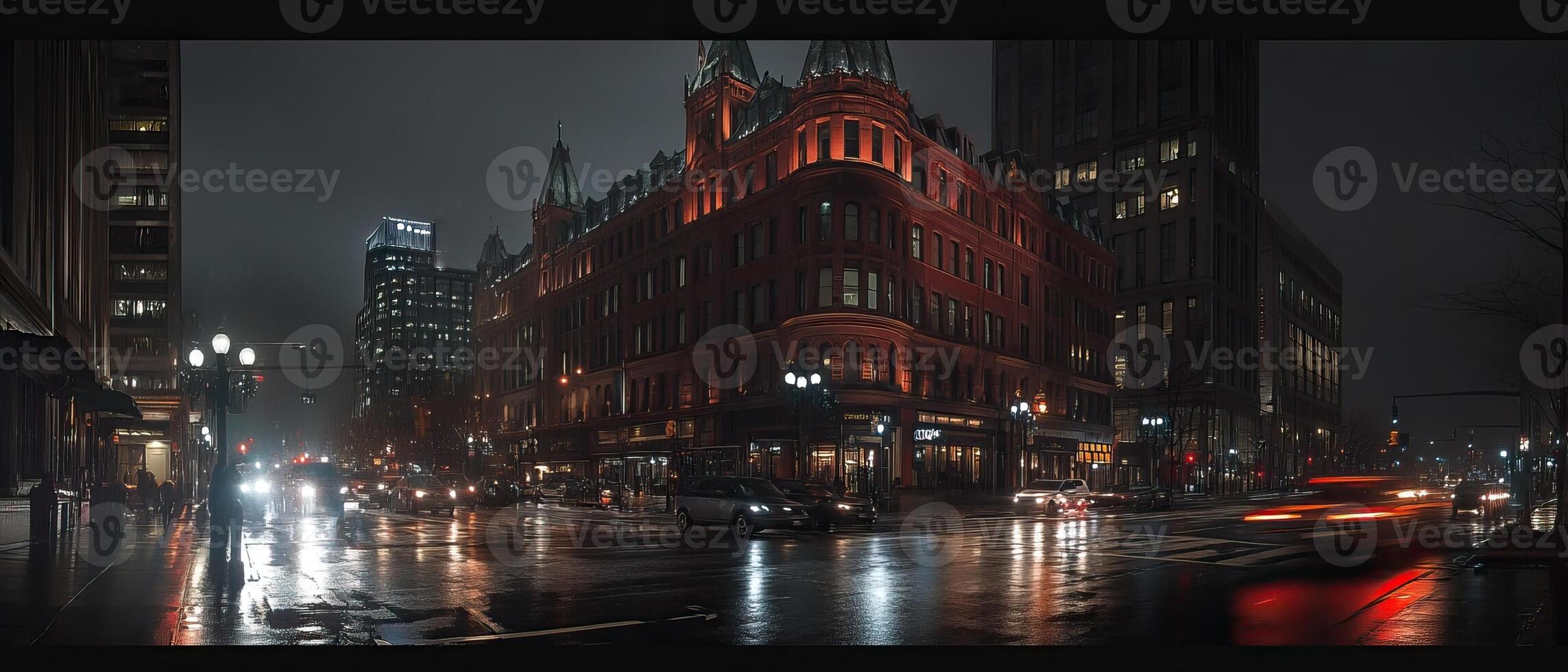 Rainy Night City Street, Red Building, Traffic photo
