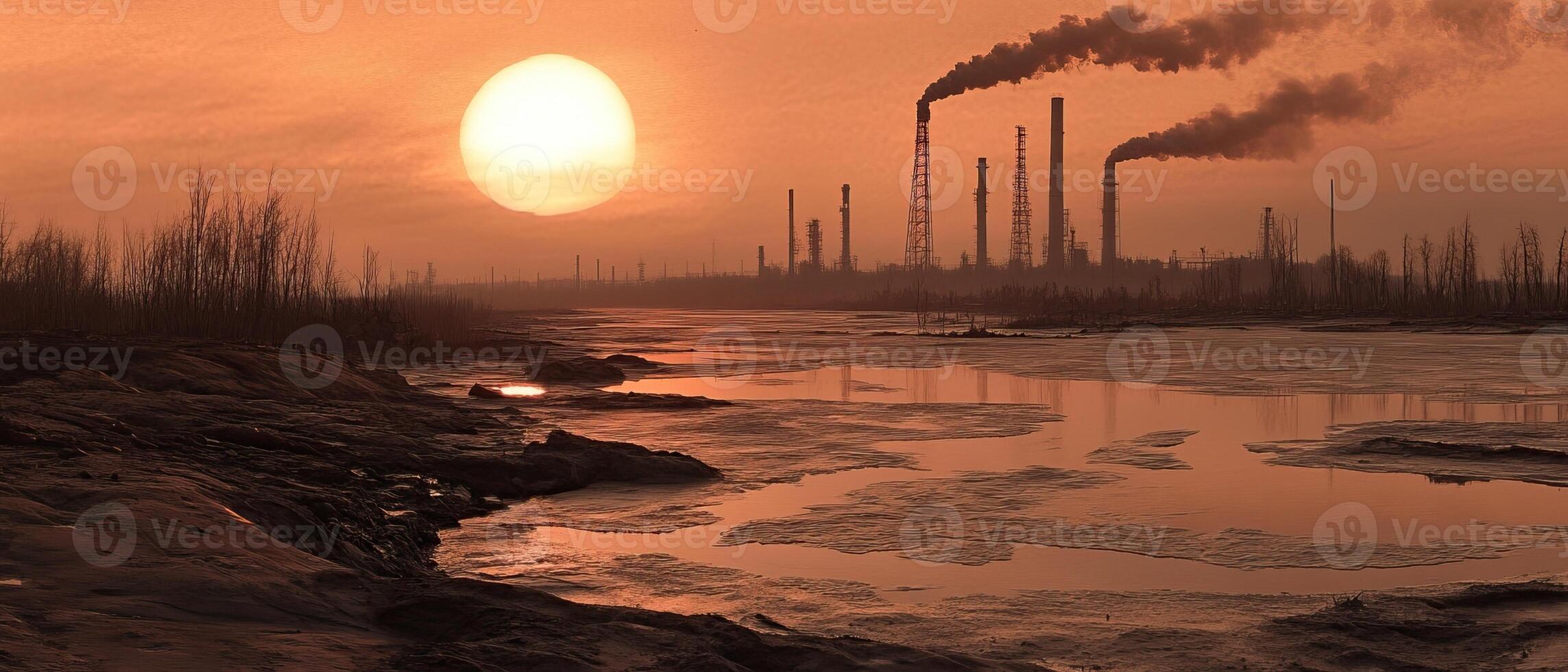 Sunset over polluted river, industrial plant photo