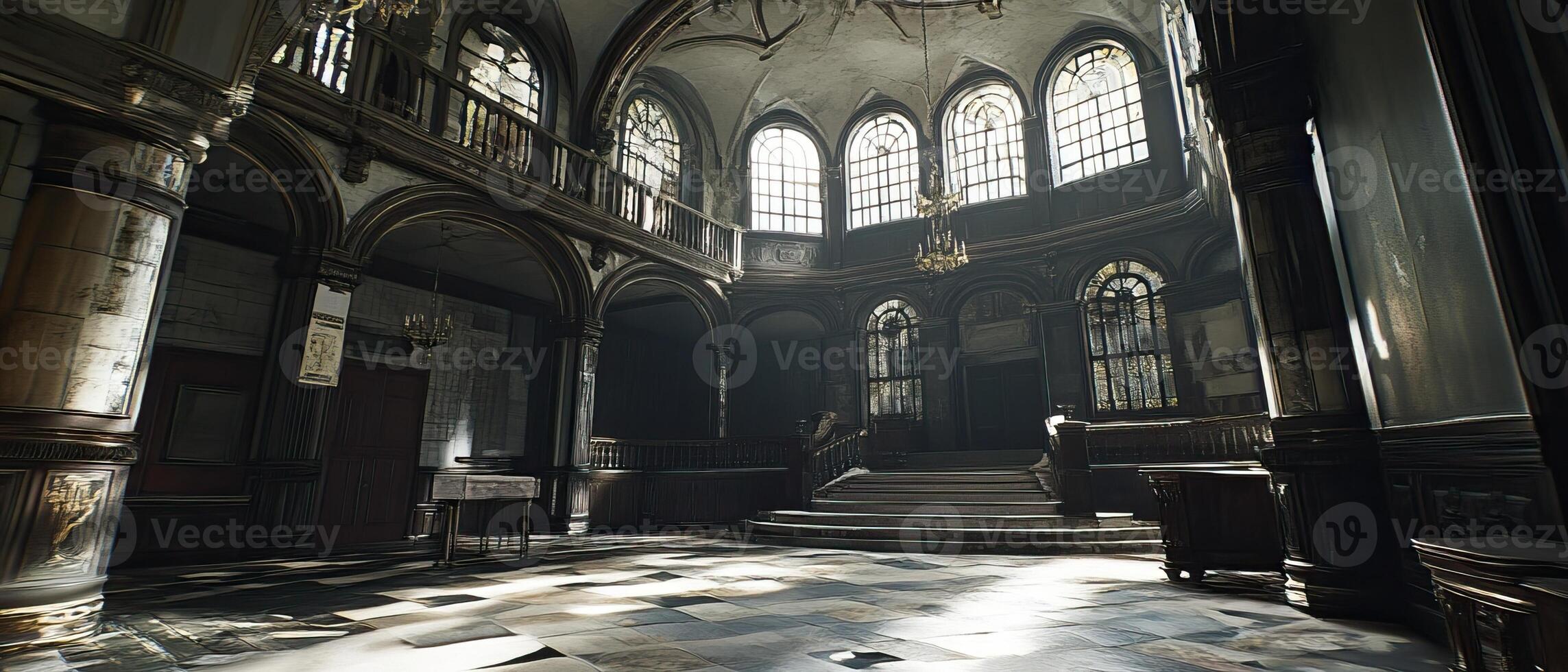 A church with a large window and a staircase photo
