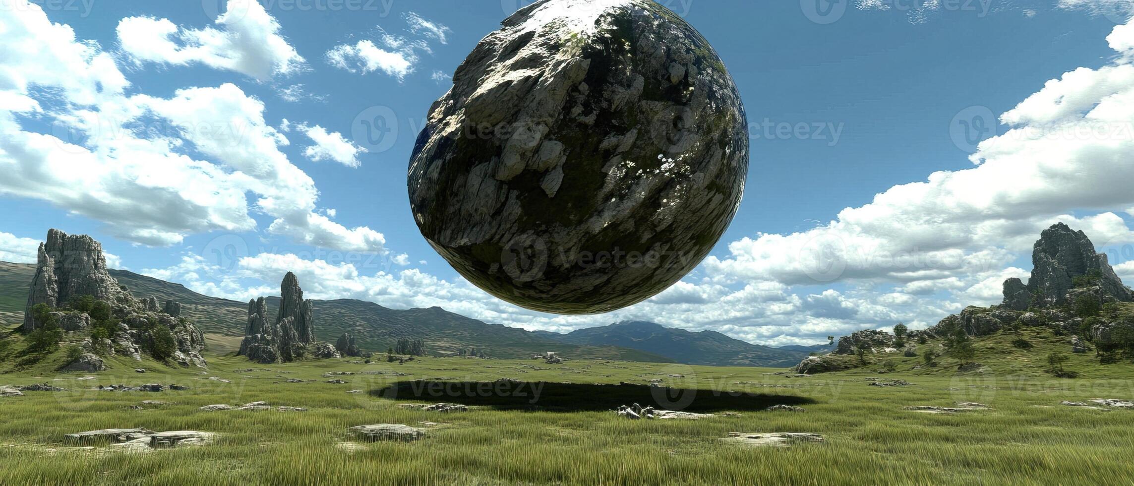Stone Sphere Hovers, Meadow, Rocky Peaks photo