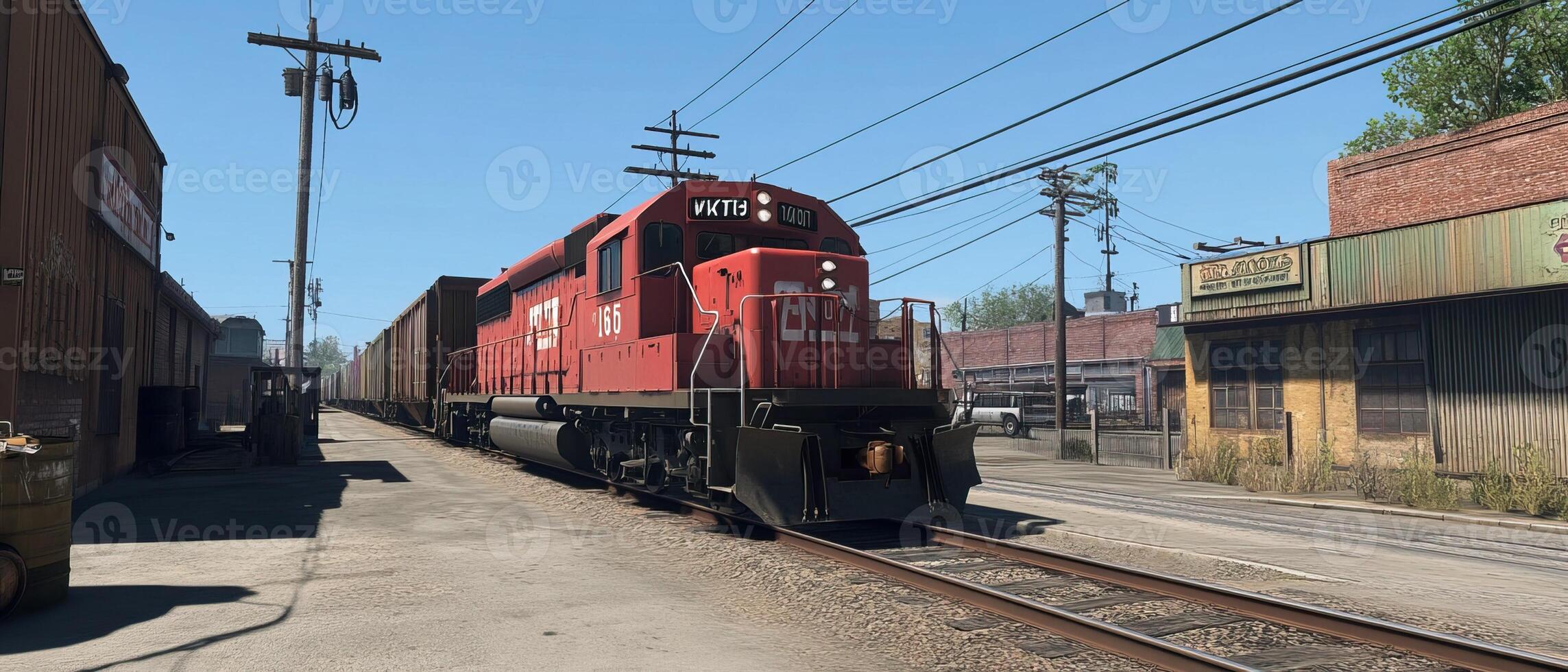 Red freight train rural town tracks photo