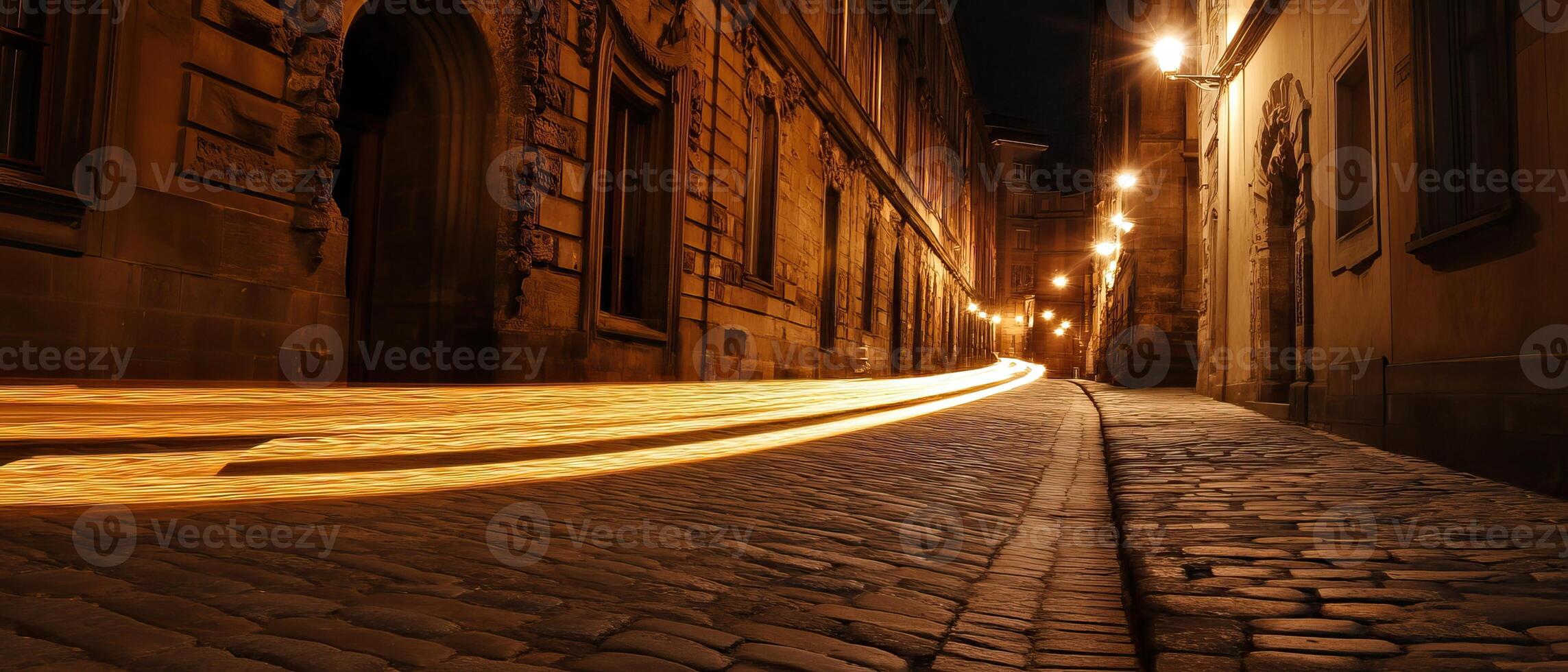 Night street, cobblestone road, light trails, old city, travel photo