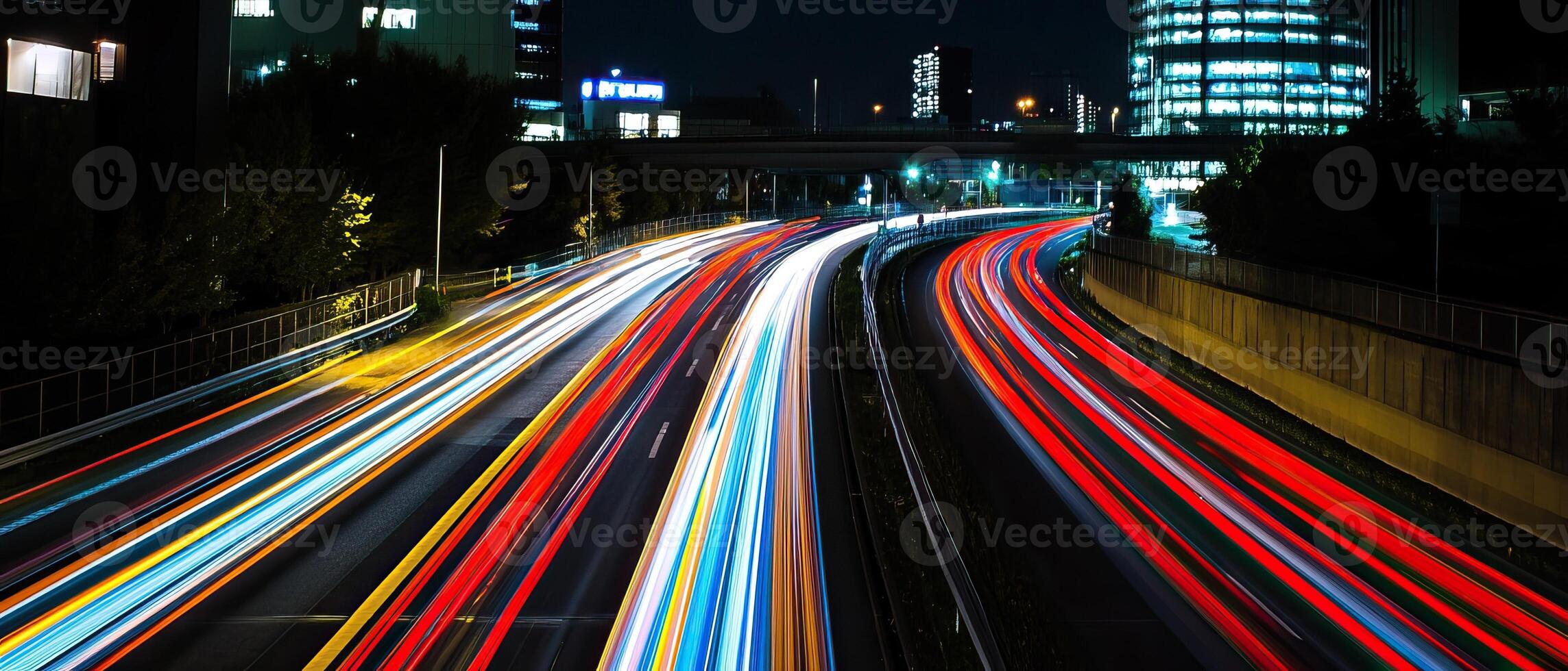 Night highway traffic streaks, city backdrop photo