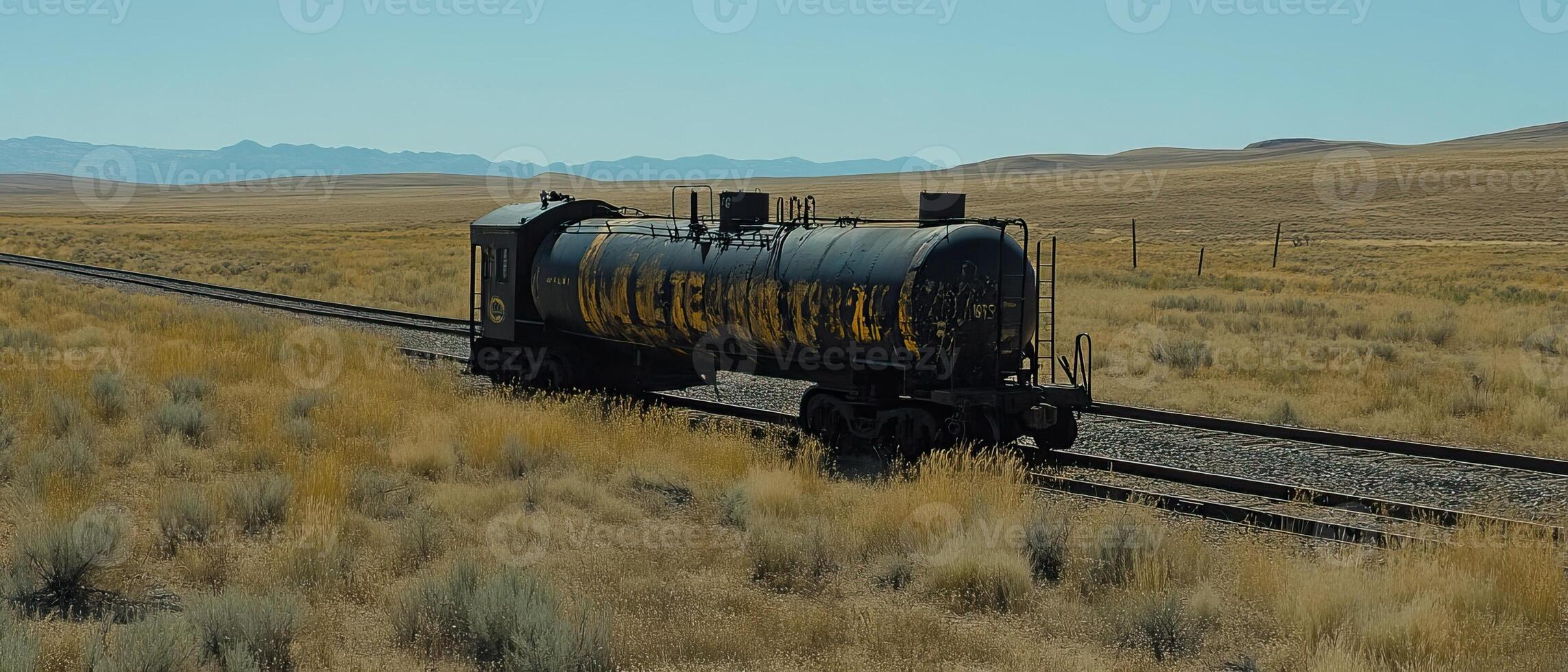 Tanker train travels across desert landscape photo