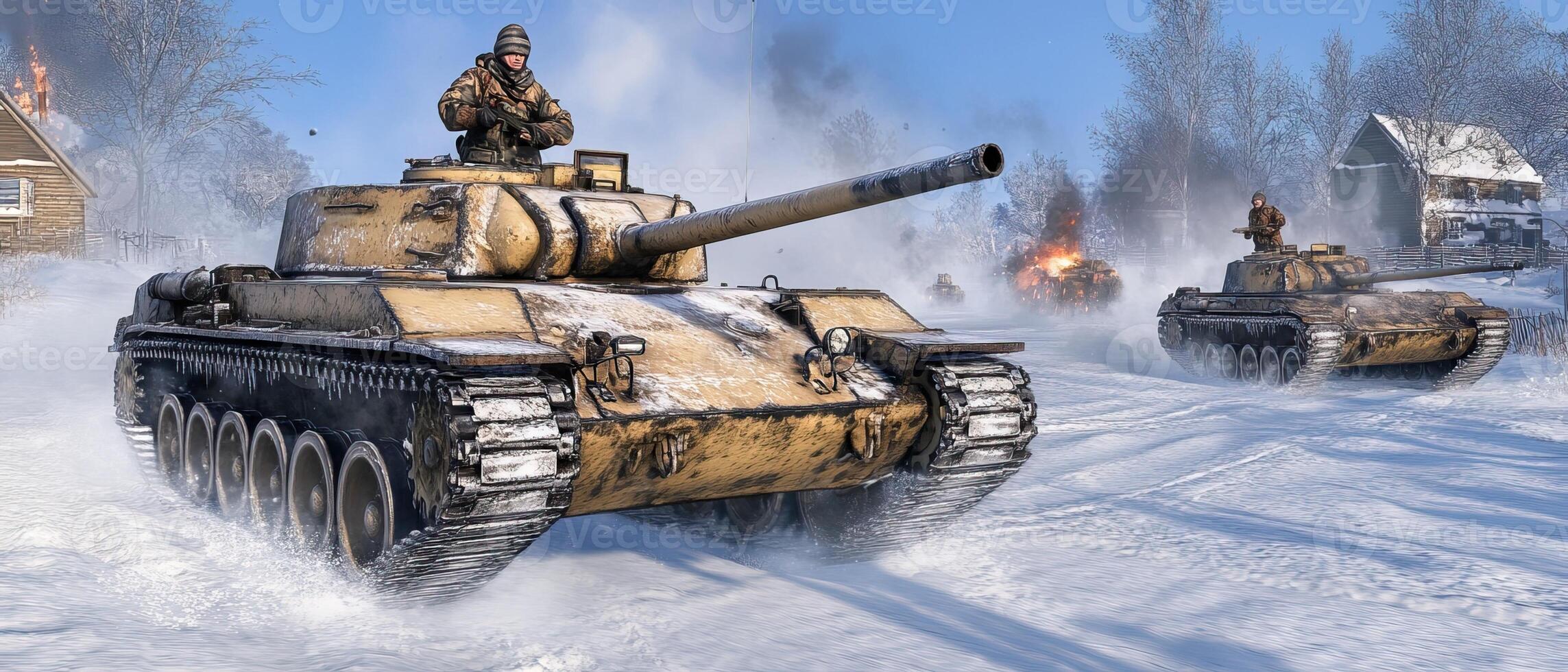 Tanks battle snowy village photo