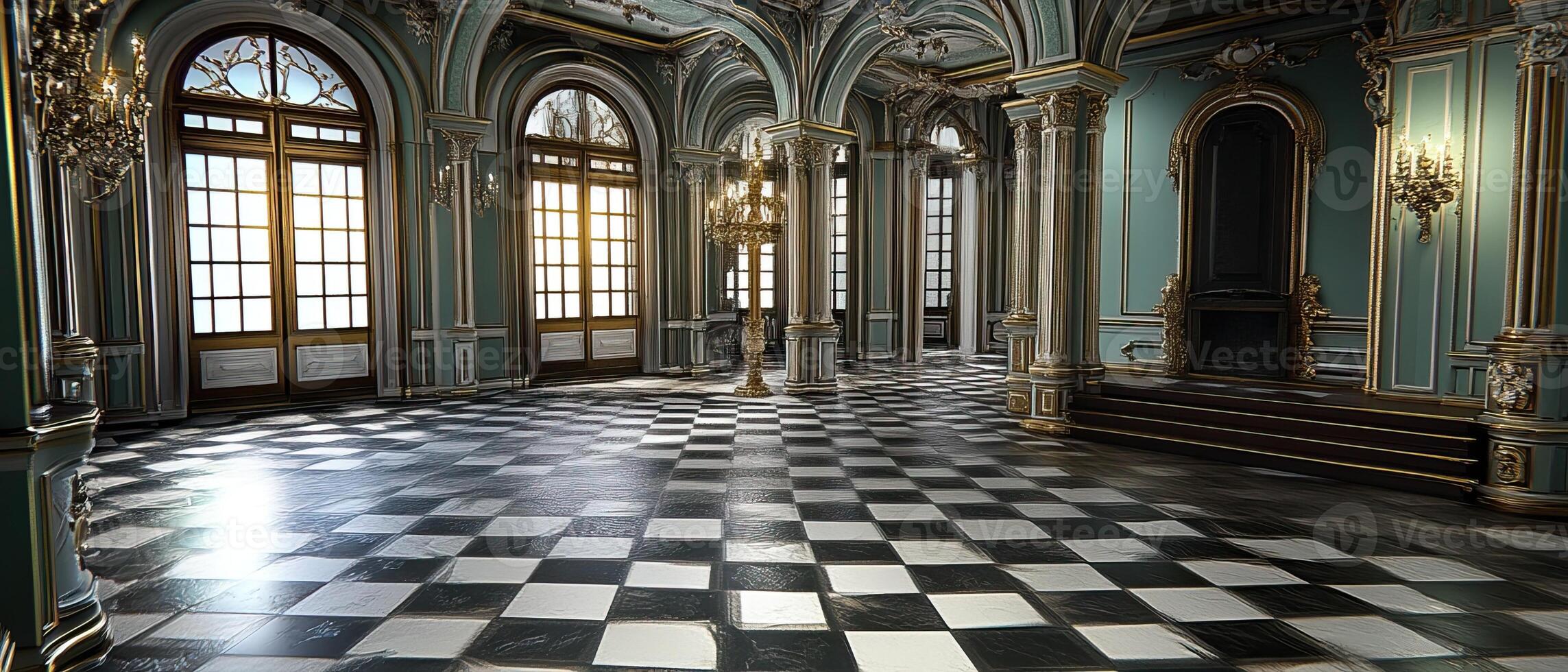 Palace Ballroom Checkered Floor, Sunlit Windows, Throne photo
