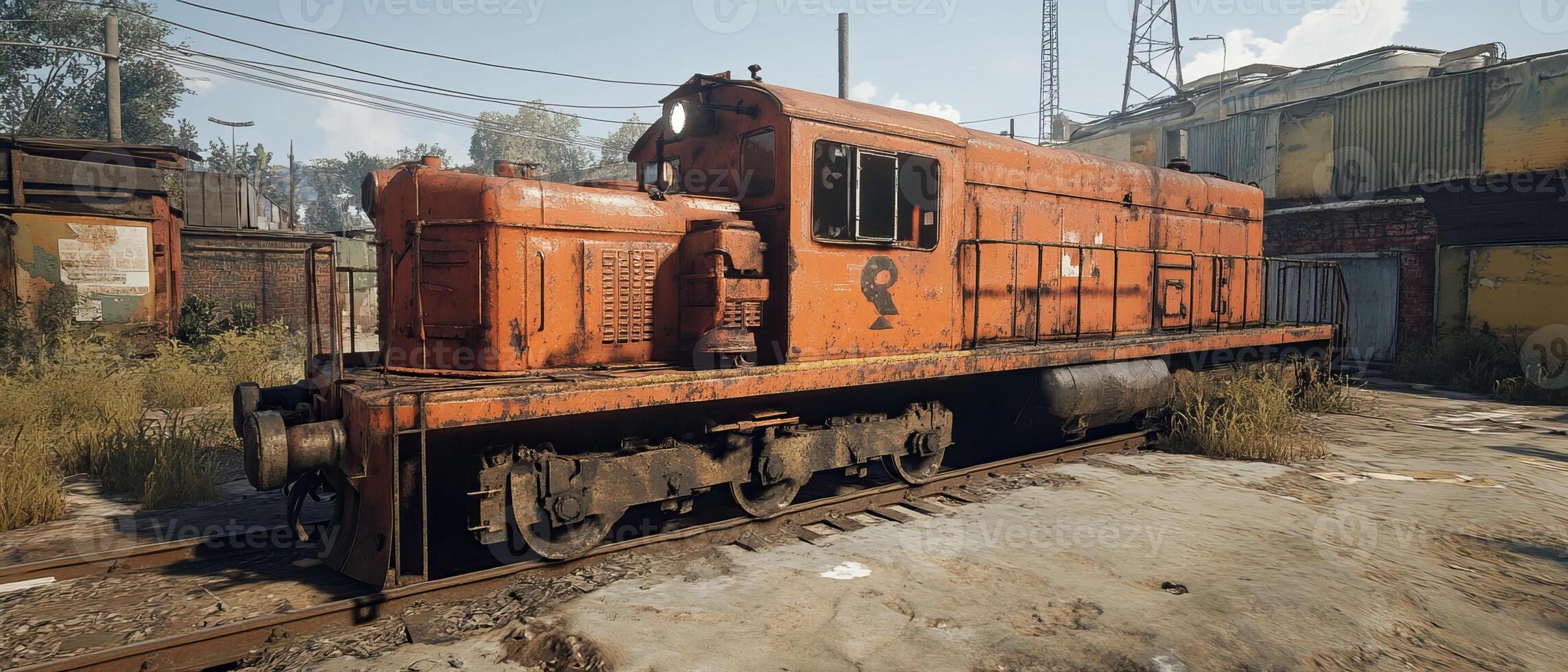 Rusty locomotive, yard, urban decay, game asset photo
