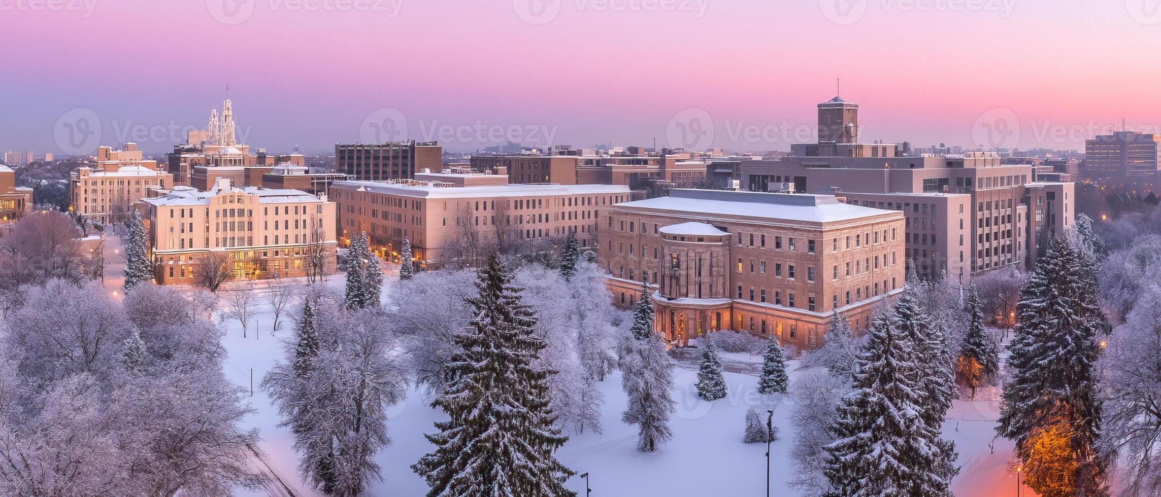 A city with snow covered trees and buildings at sunset photo