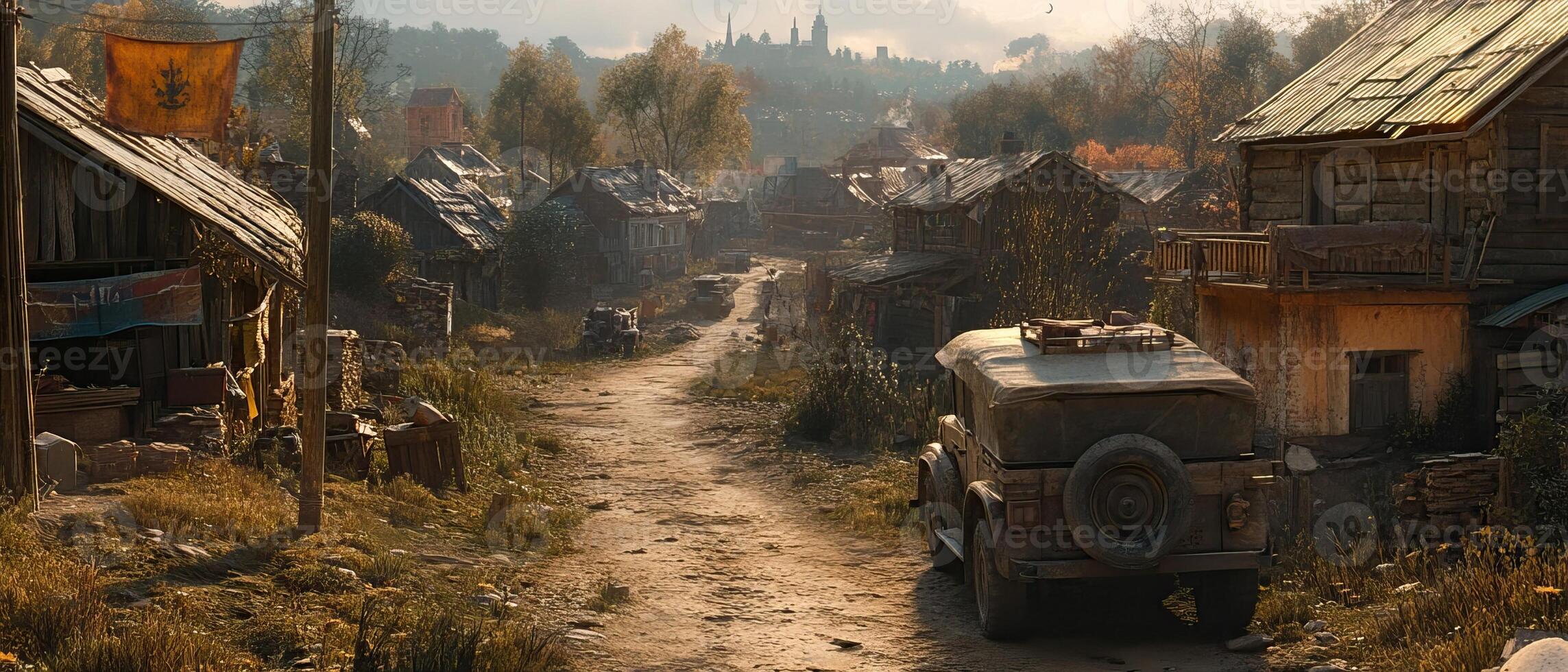 Village Road Autumn Vehicle, Hilltop View photo