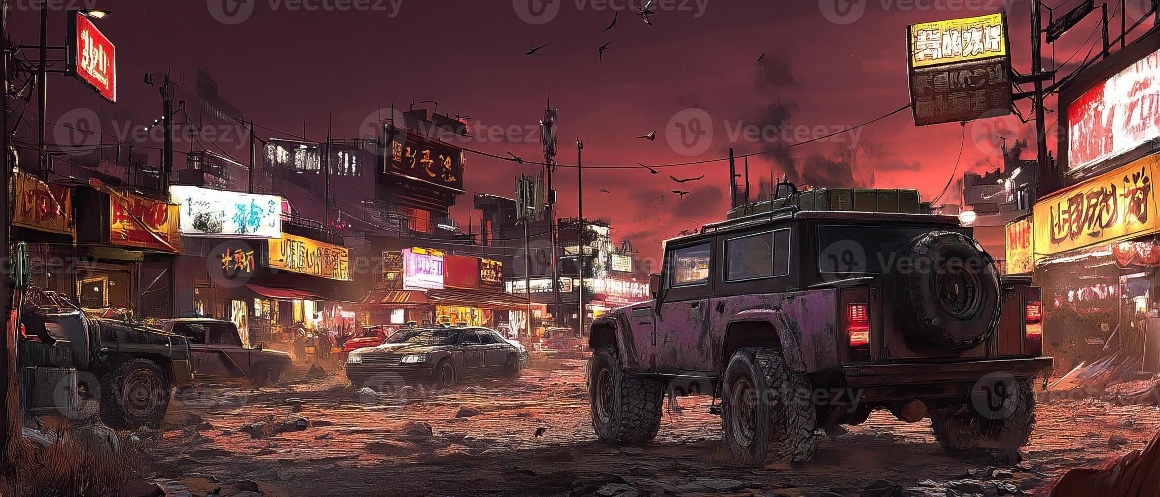 Post-apocalyptic jeep street sunset photo