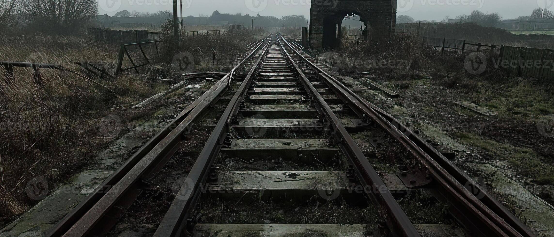 Overgrown Tracks Ruined Rail, Distant Structure photo