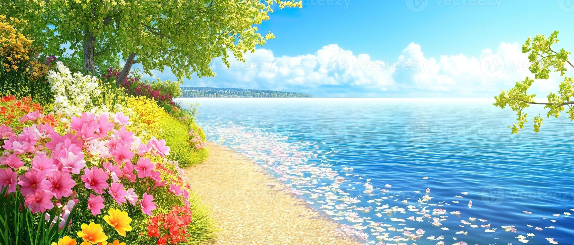 Sunny beach, floral bank, calm sea, website banner photo