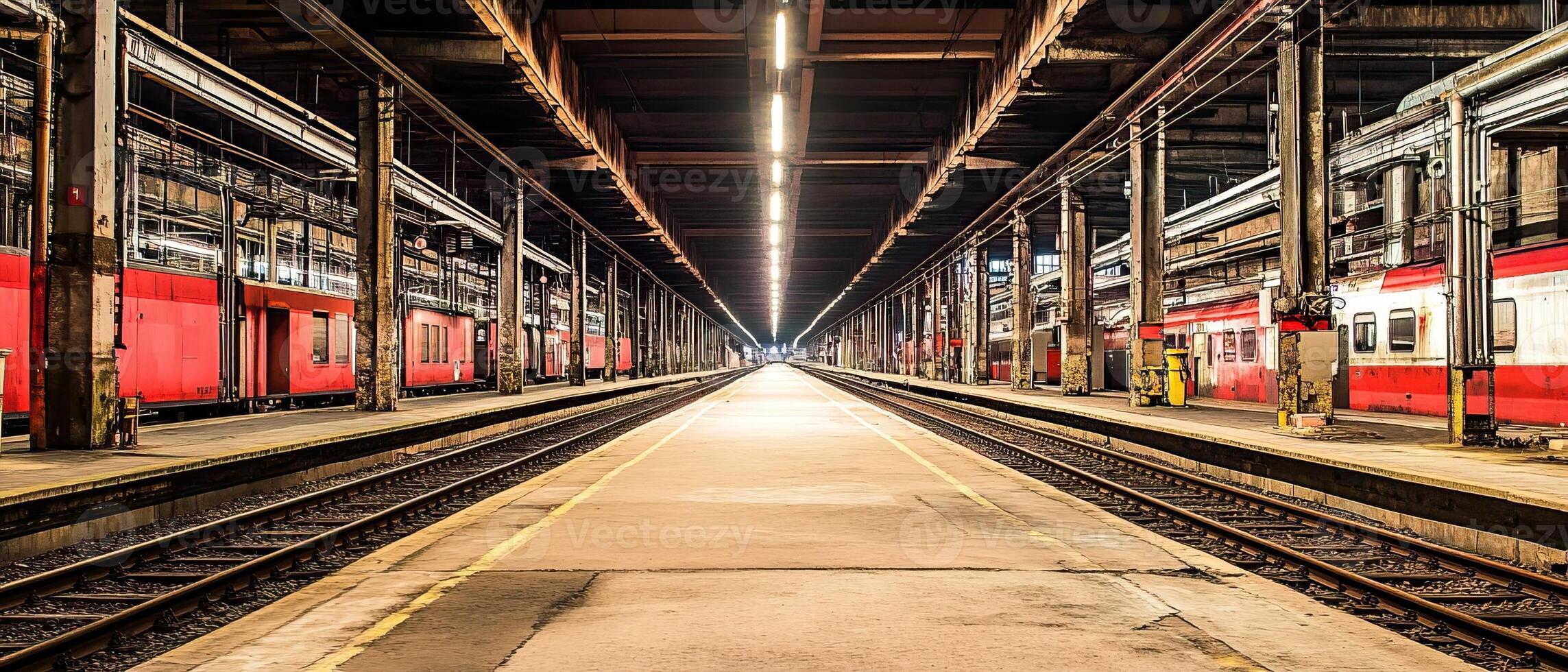 Train station platform, industrial interior, night photo