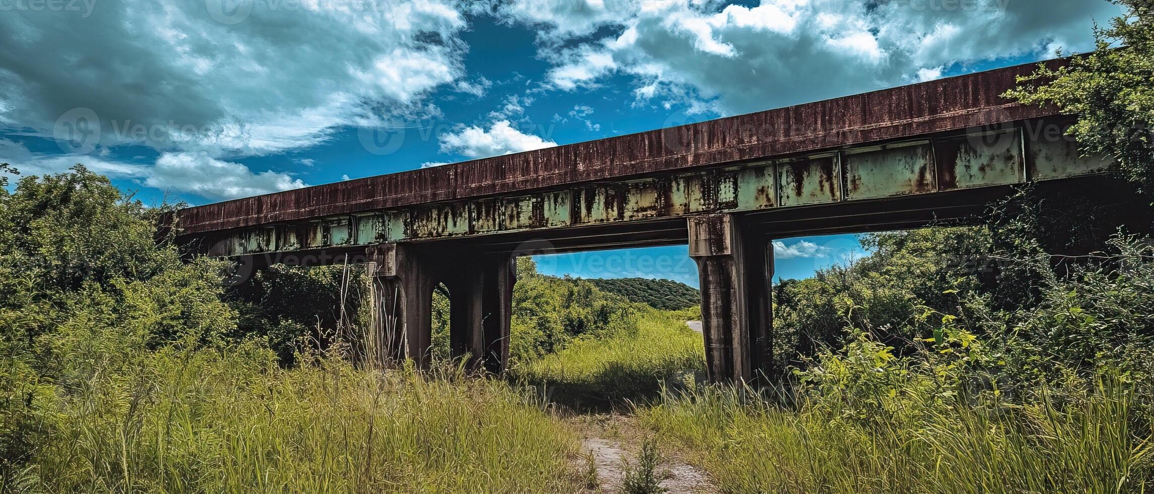Rustic bridge overgrowth, rural landscape photo