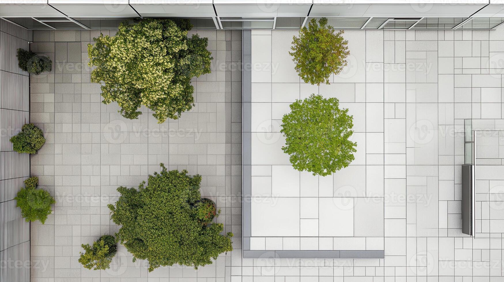Aerial view rooftop garden, urban oasis, modern building photo