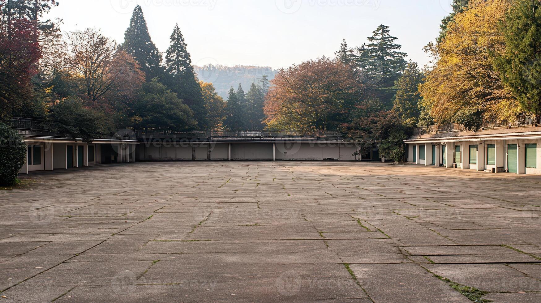 Autumnal park courtyard, empty changing rooms, hills photo