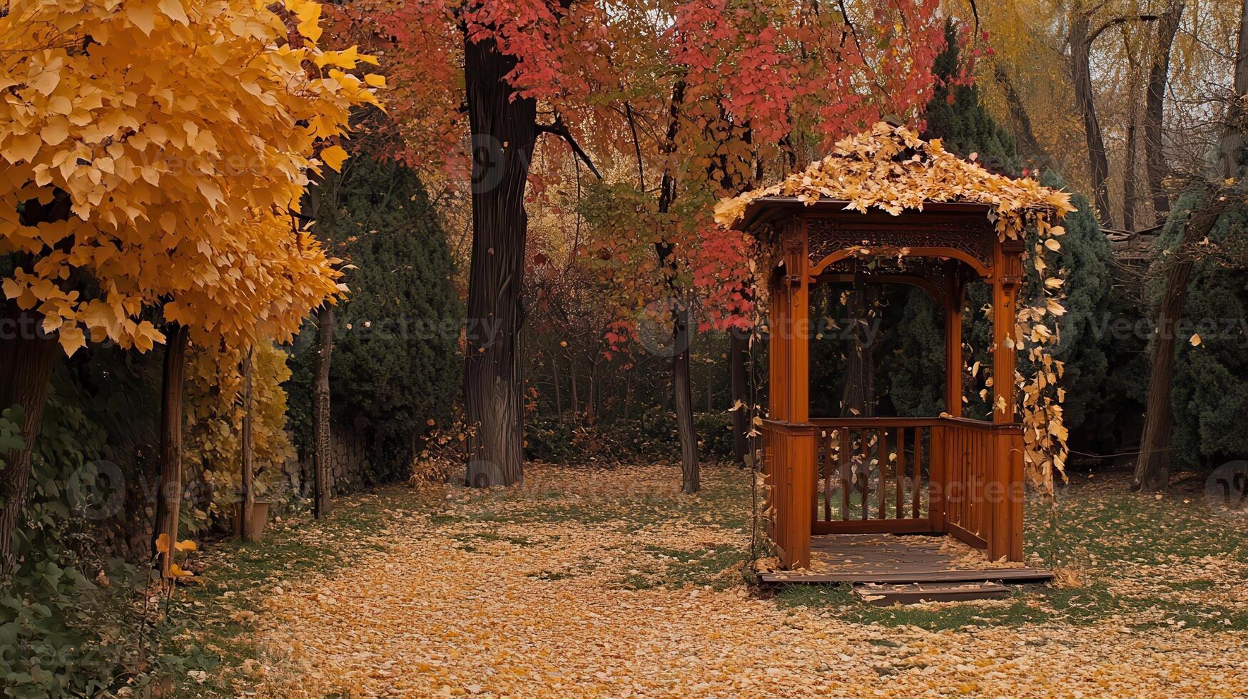 Autumn leaves fall on gazebo, garden photo