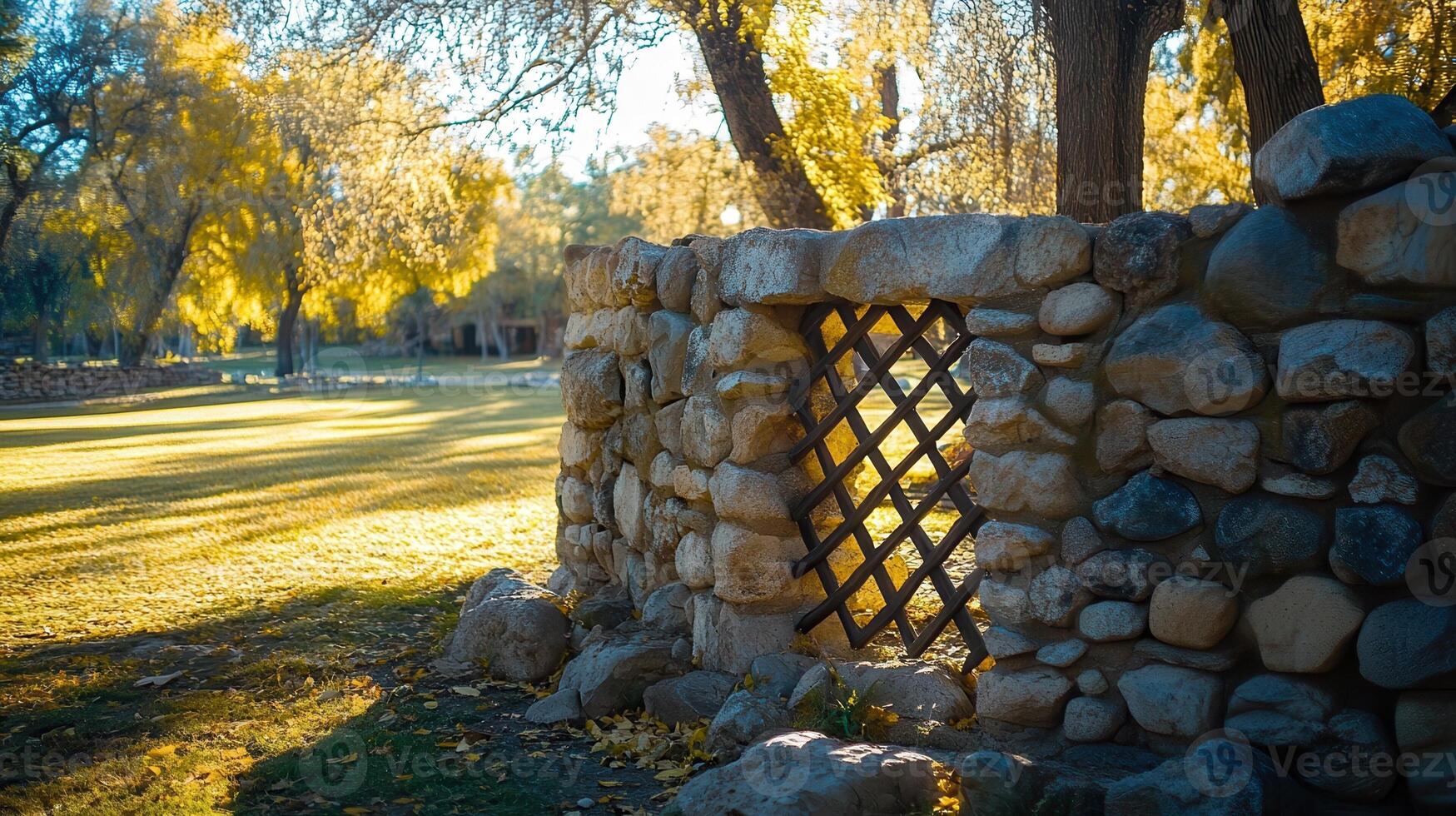 Autumn park stone wall autumnal sunlight photo
