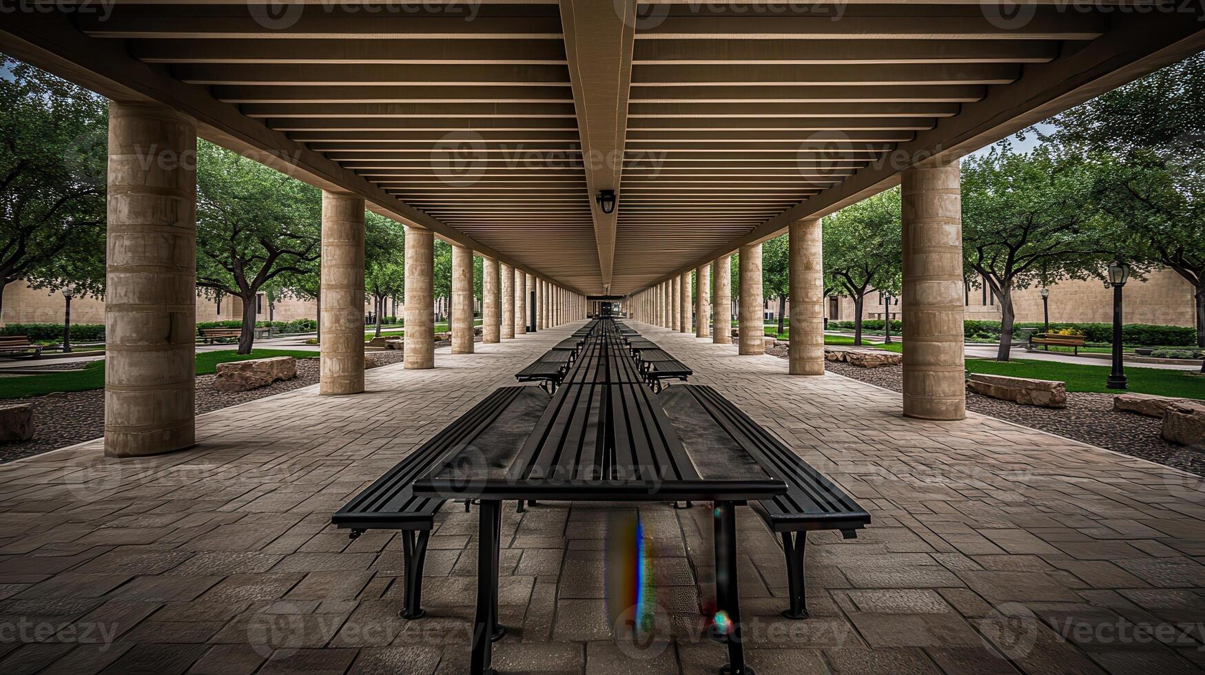 Campus colonnade tables, trees, perspective photo