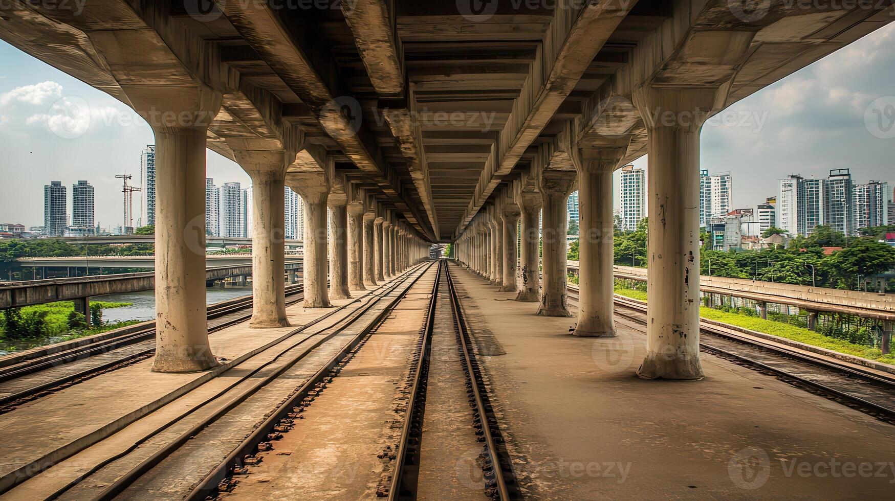 City train tracks underpass, urban backdrop photo