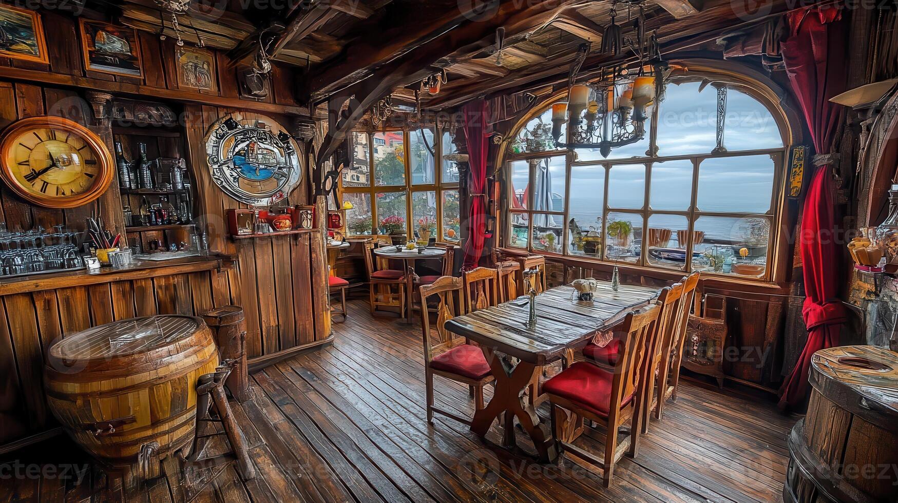 Coastal Tavern Interior Wooden Tables, Ocean View photo