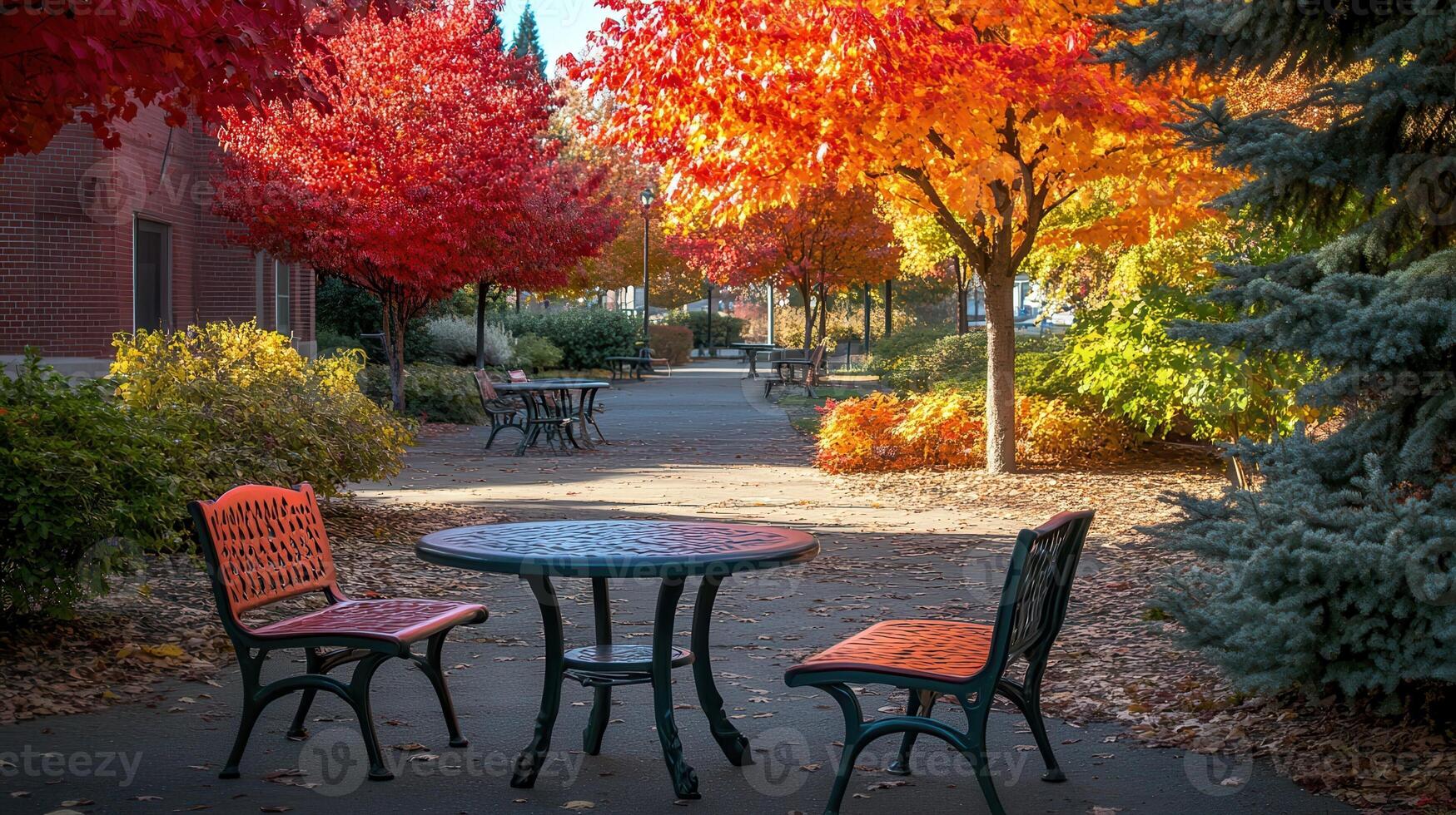Autumn park path, table, chairs, leaves, building photo