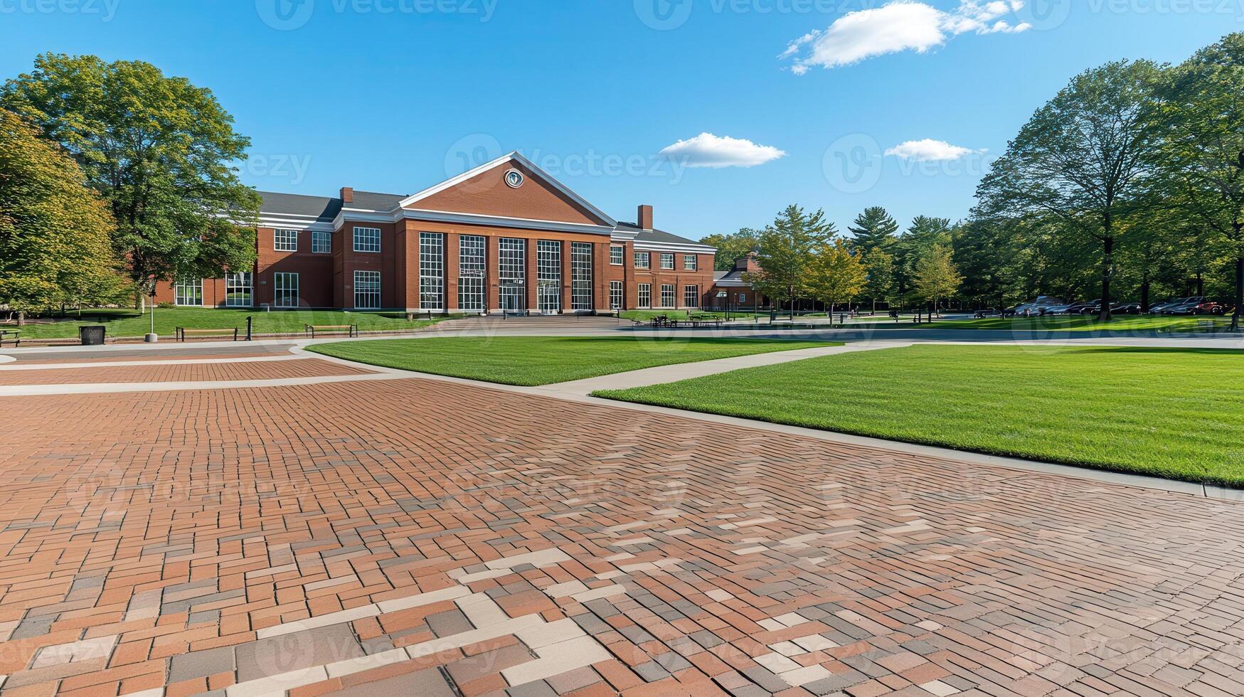 Campus brick path, building, sunny day, trees photo