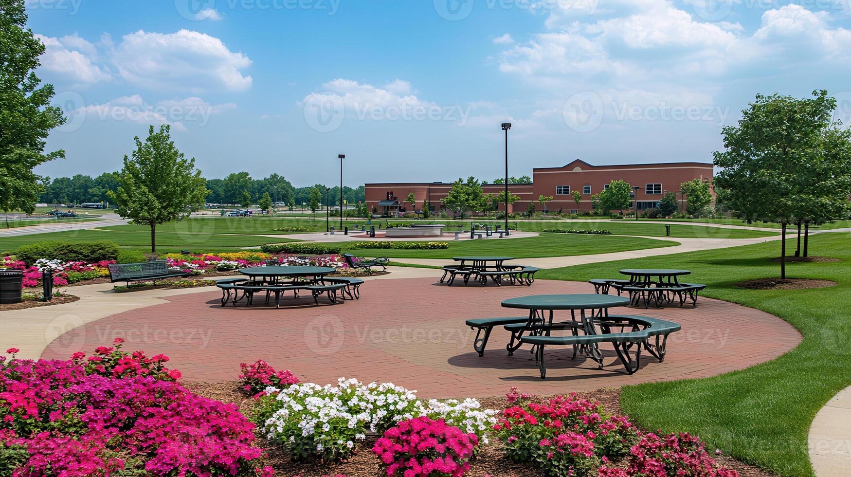 Campus picnic tables, sunny day, school background photo