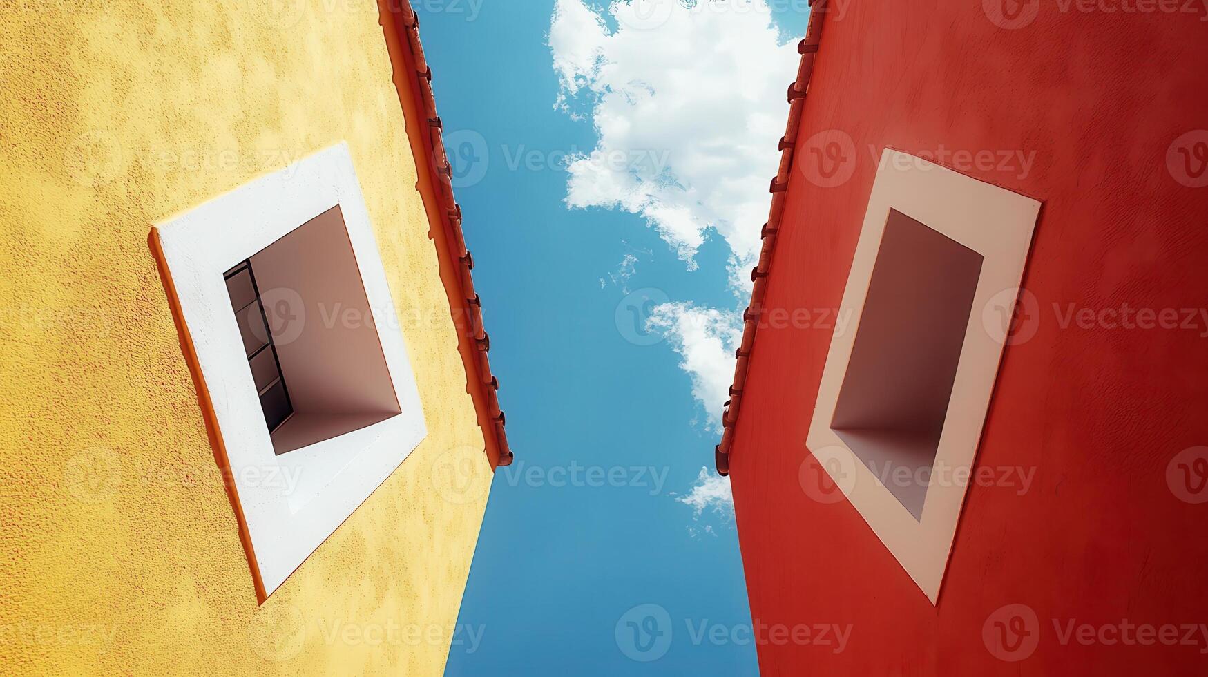 Colorful buildings, upward view, sunny sky, minimalist design, architecture photo