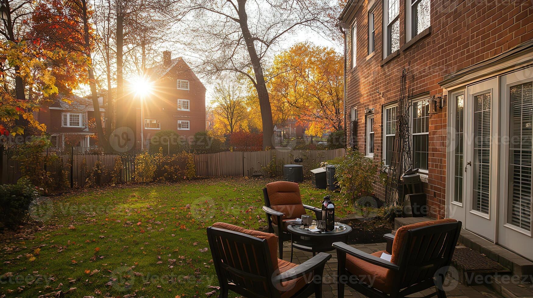 A patio with chairs and a table outside photo