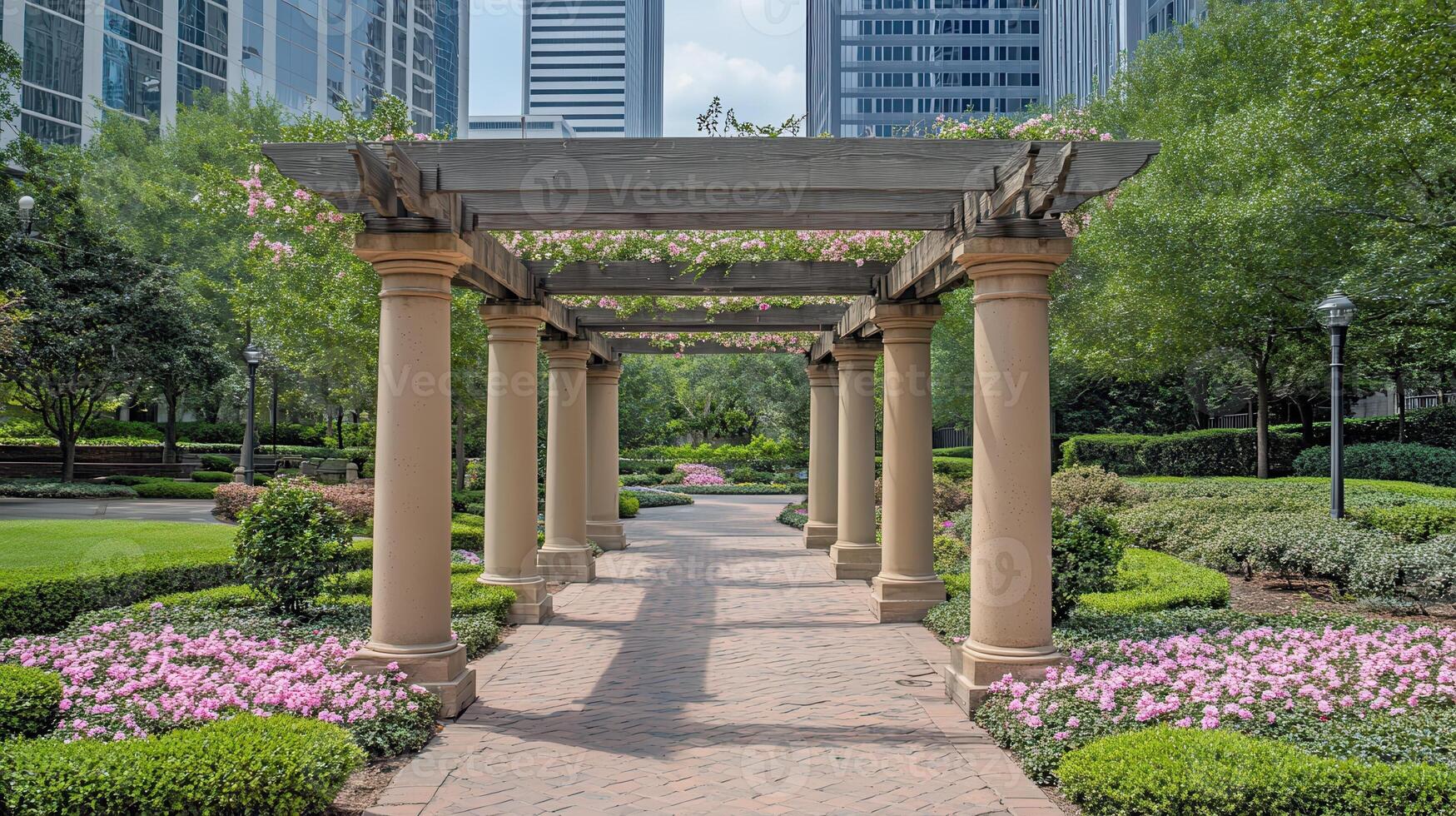 A walkway with a pergolized archway and a brick walkway photo
