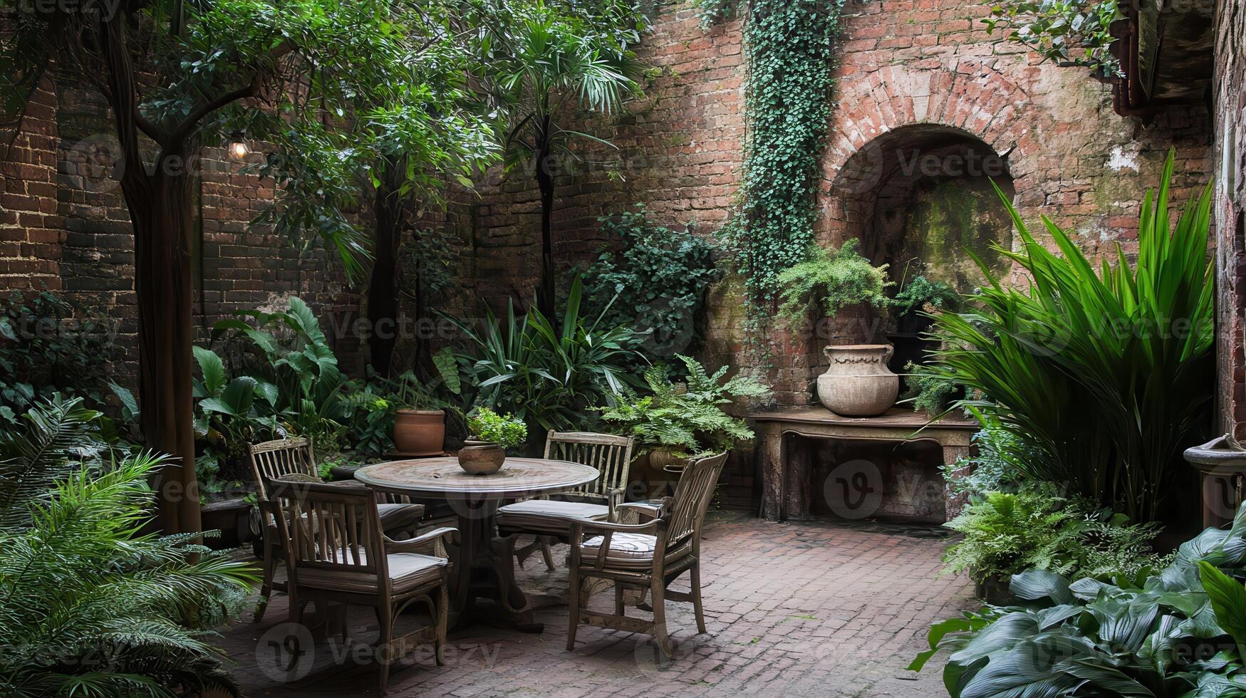 A courtyard with a table and chairs in the middle of a brick wall photo