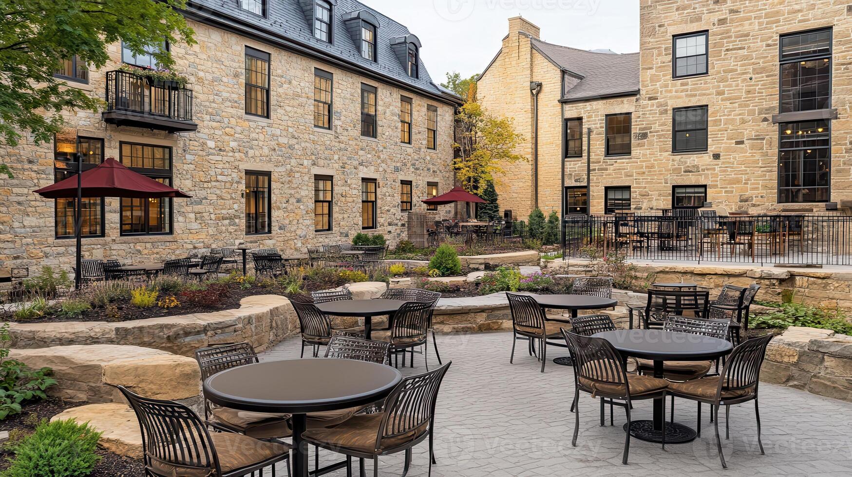 A courtyard with tables and chairs in front of a building photo