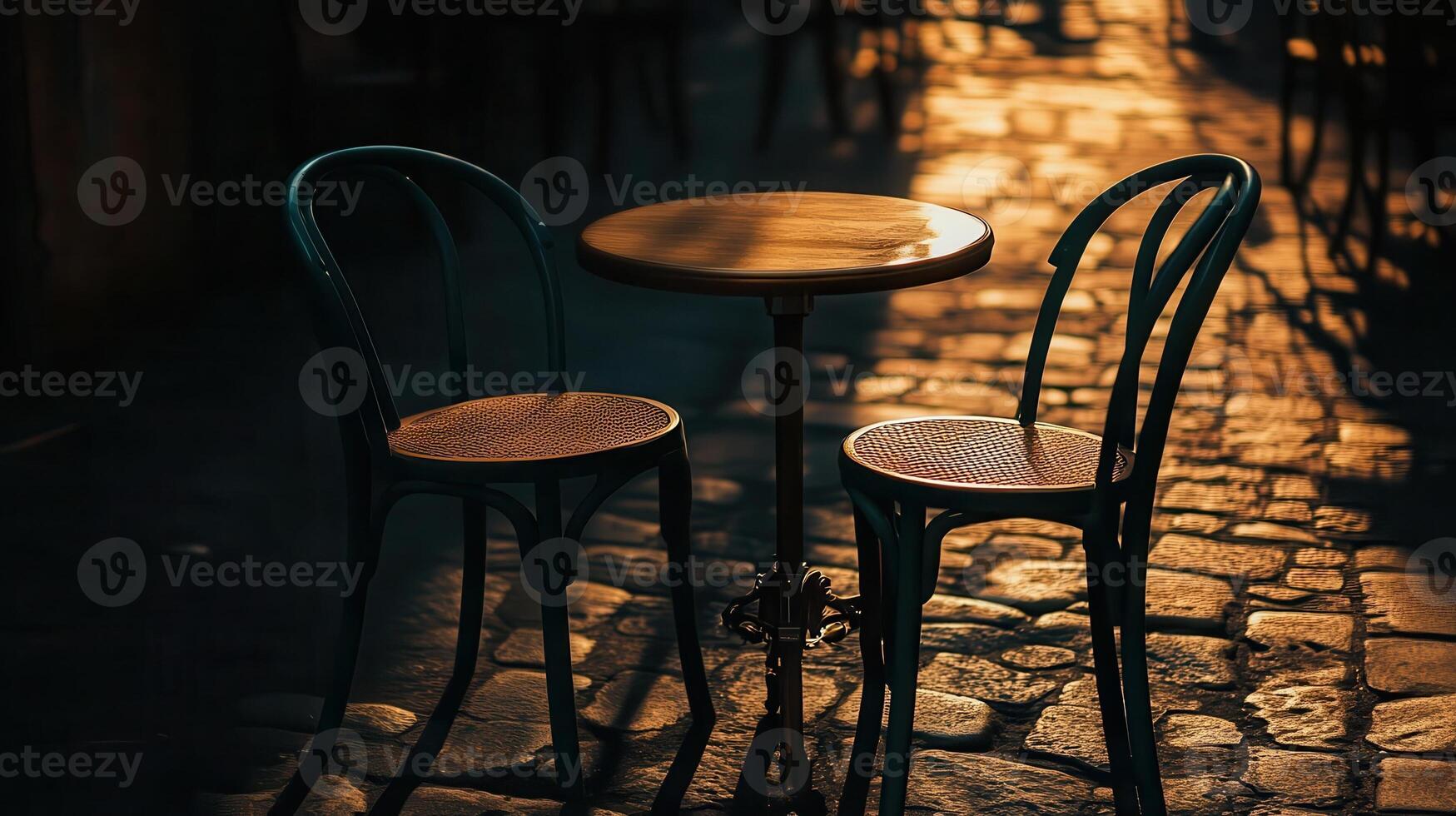 Empty cafe table, cobblestone street, sunset photo