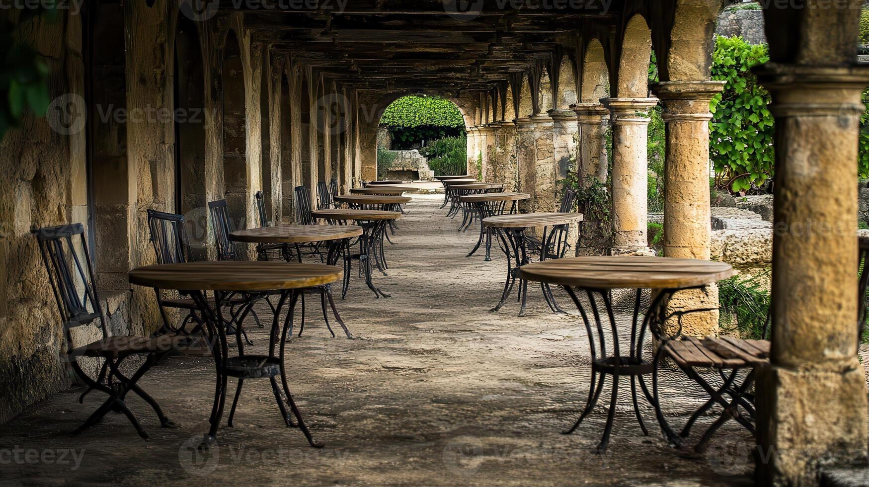Empty tables, arched garden cafe, serene background, summer photo