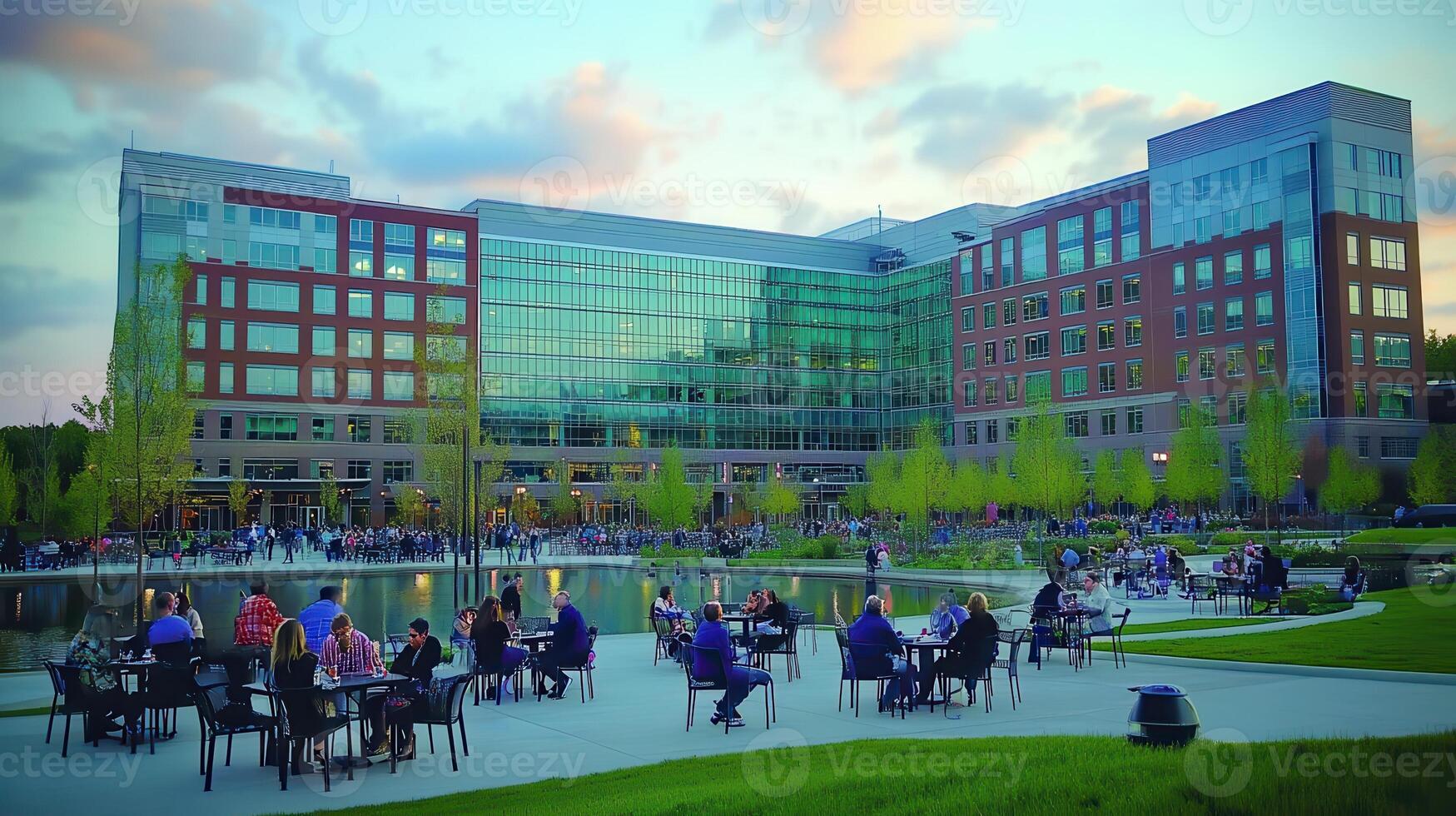 Evening corporate campus gathering, pond, sunset photo