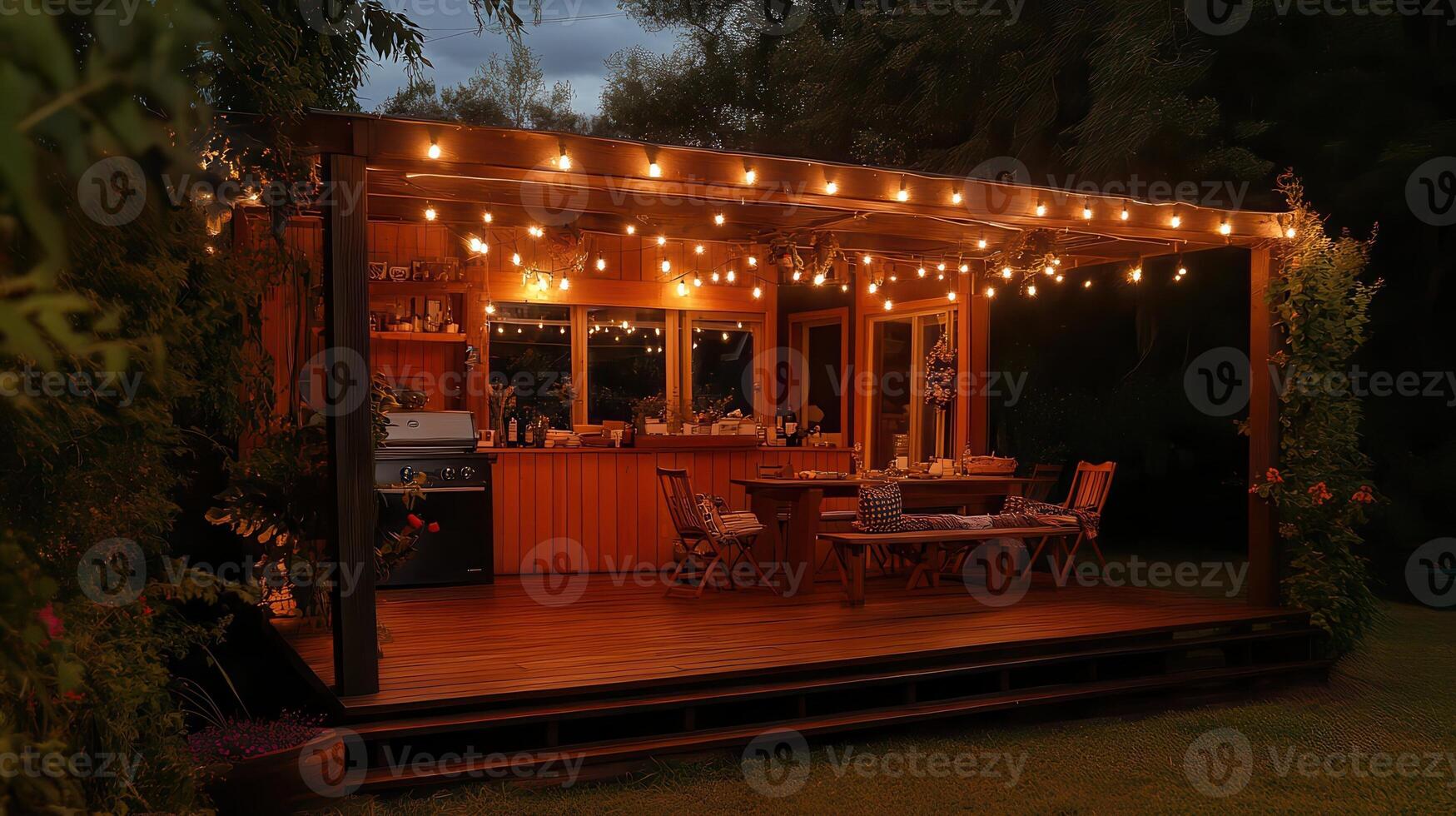 Evening garden party illuminated deck, pergola photo