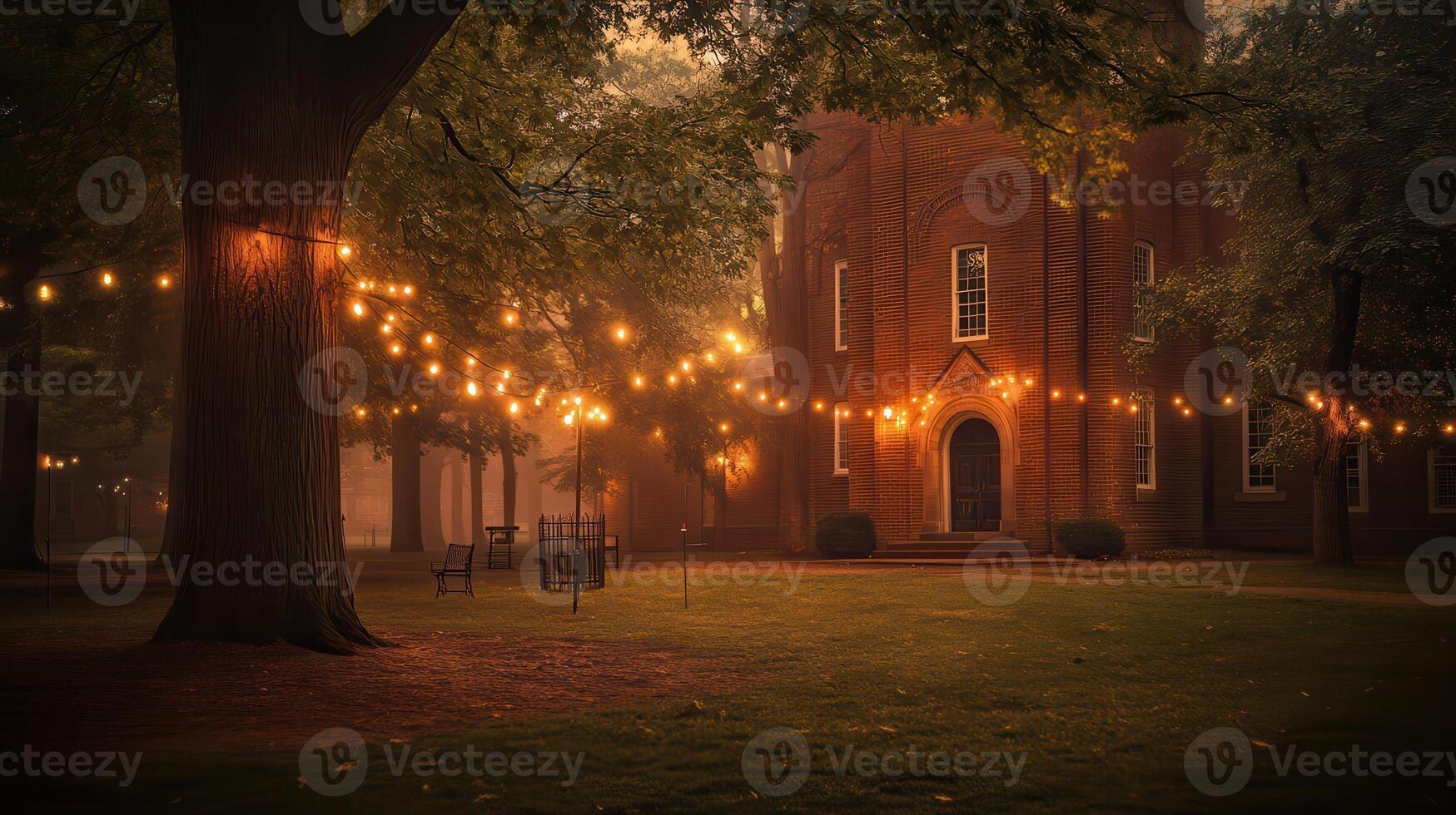 Foggy campus autumn evening, string lights, building photo