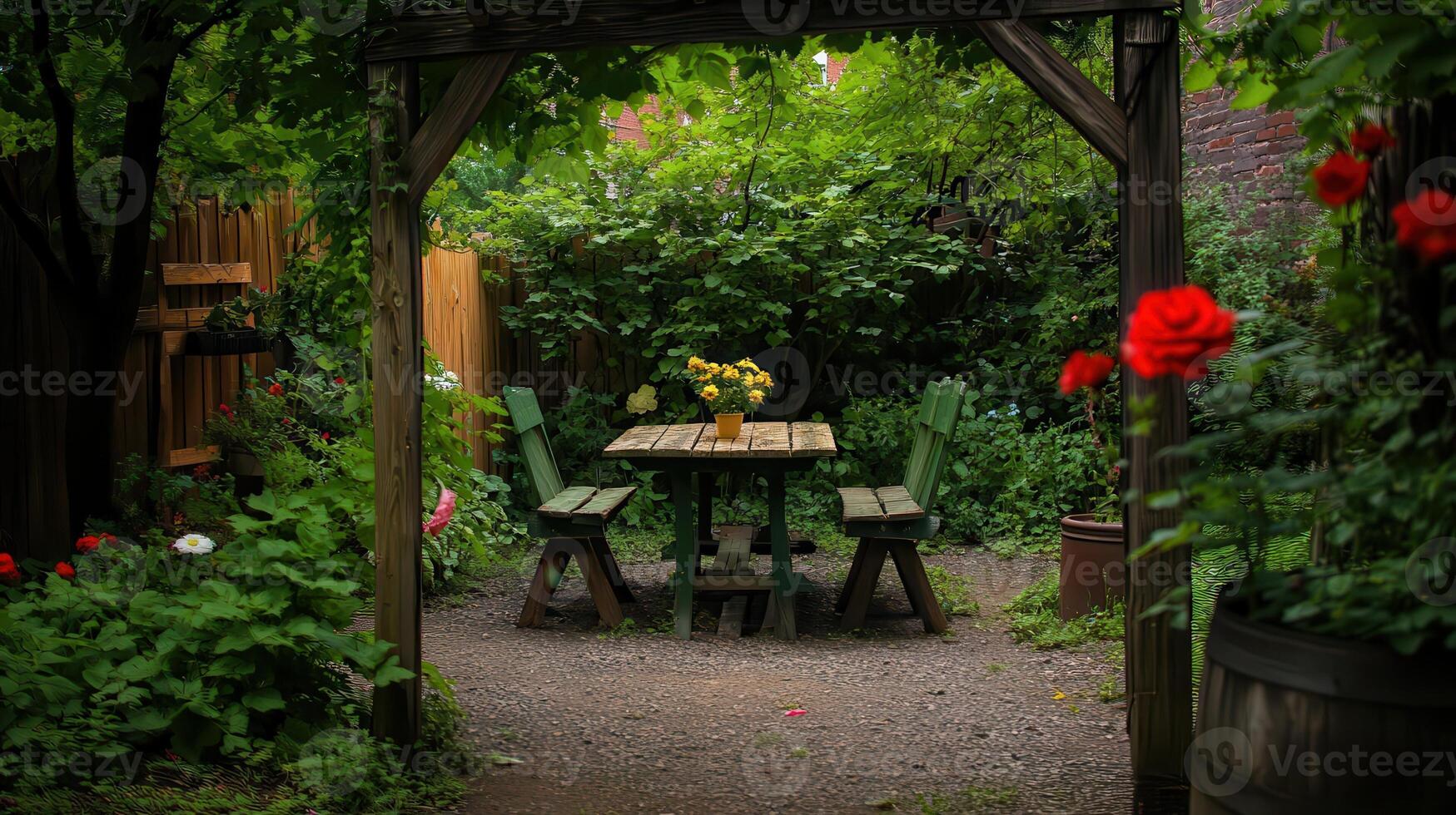 Garden table, flowers, pergola, backyard oasis, calm photo
