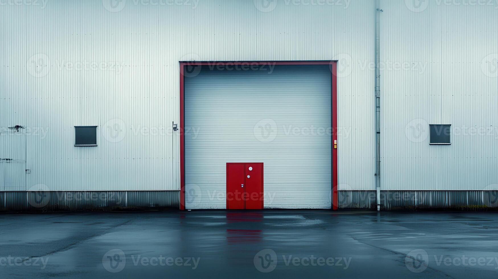 Industrial building, large door, wet ground, overcast sky, logistics photo